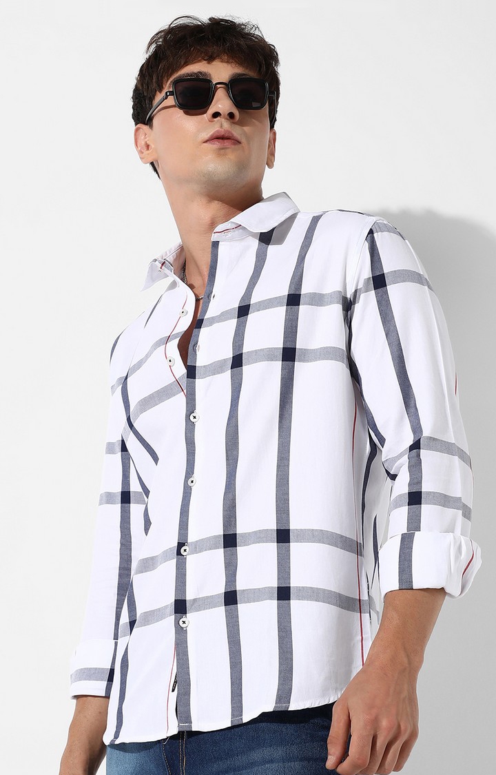 Men's White Cotton Checkered Casual Shirts