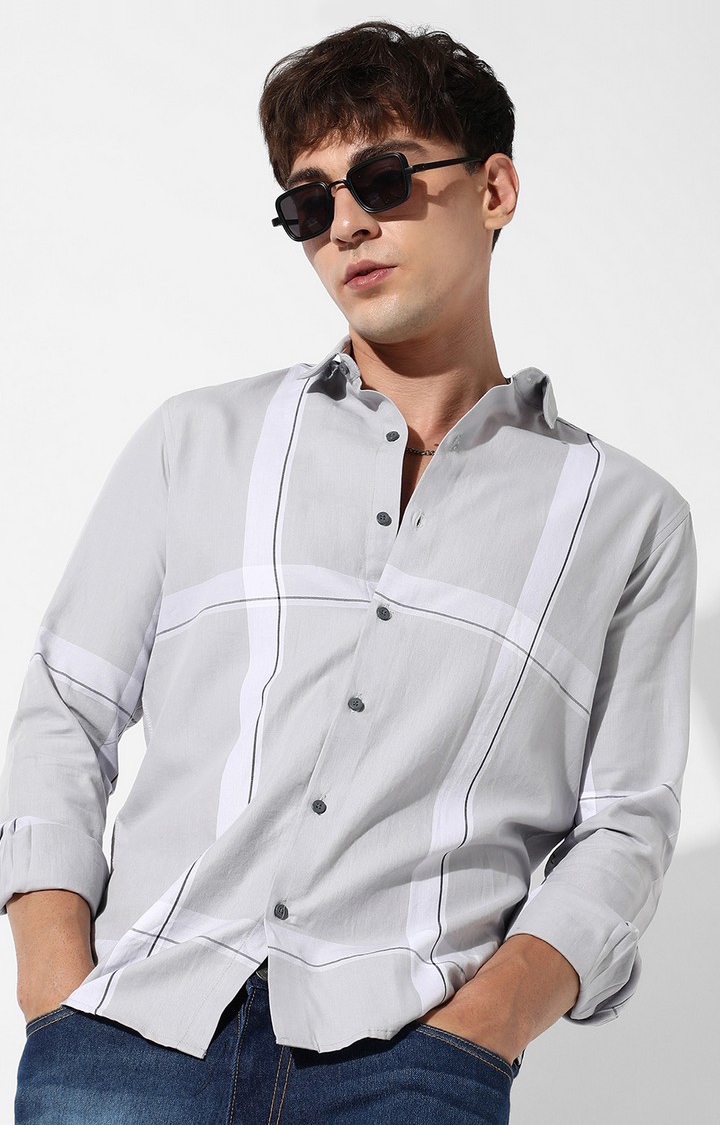 Men's Light Grey Cotton Checkered Casual Shirts