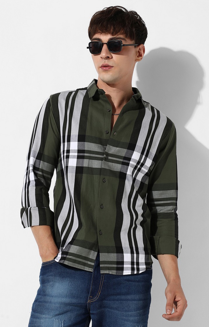 Men's Dark Green Cotton Checkered Casual Shirts