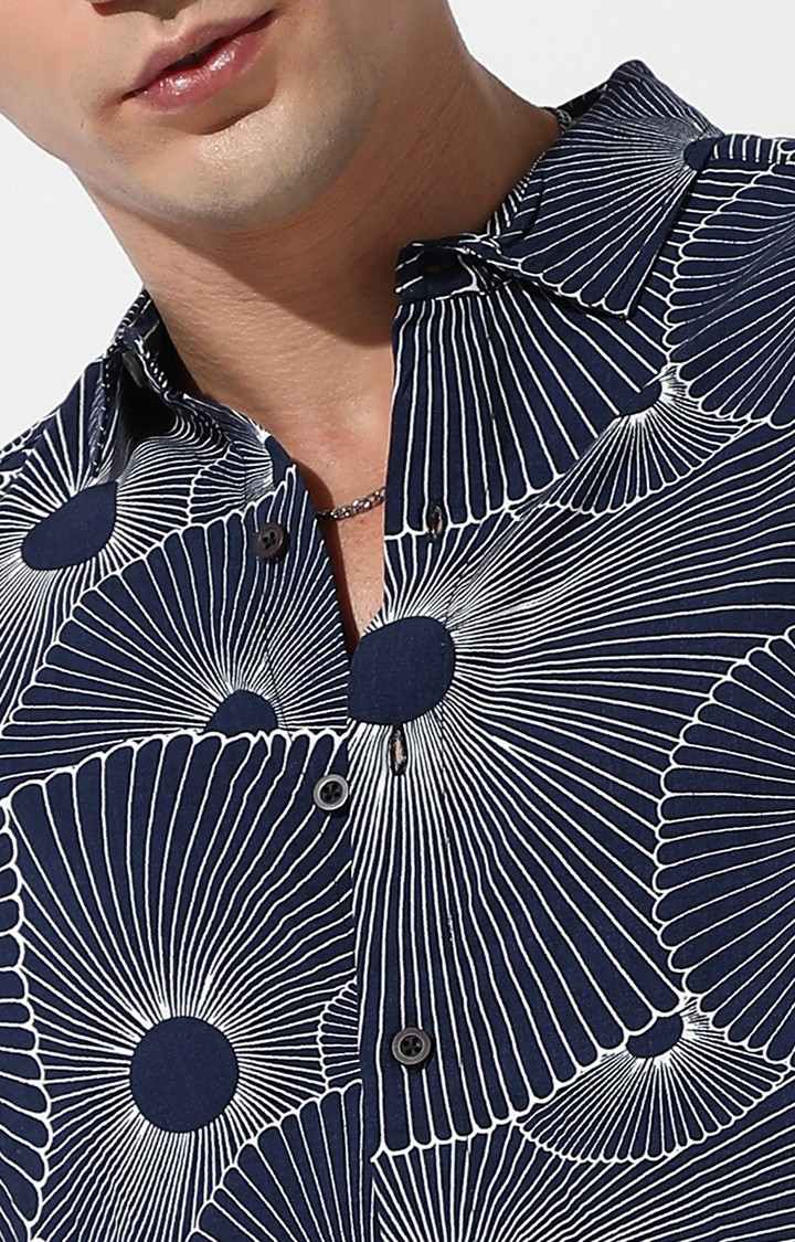 Men's Navy Blue Rayon Printed Casual Shirts