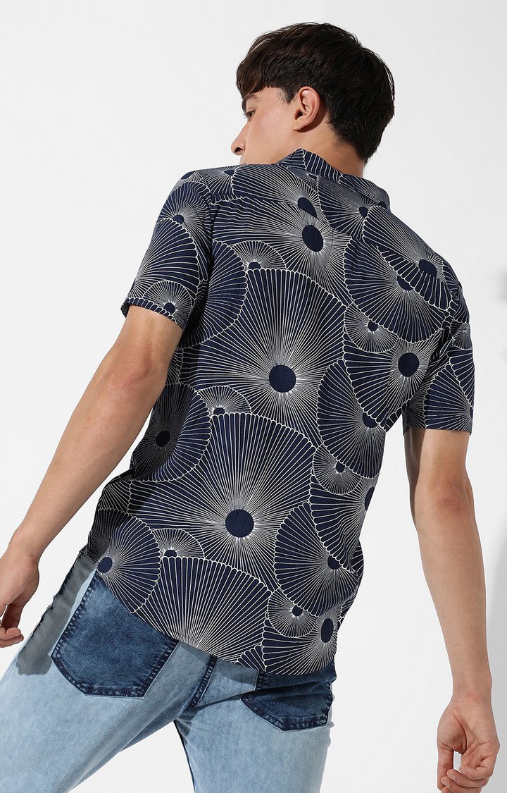 Men's Navy Blue Rayon Printed Casual Shirts