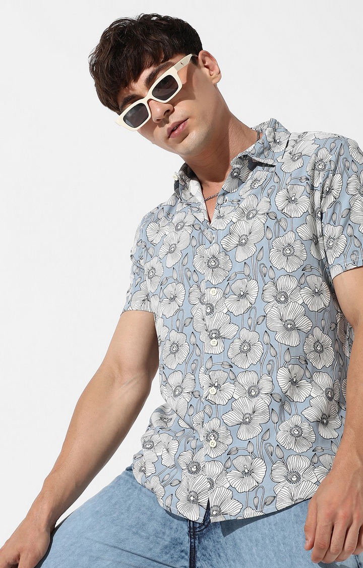 CAMPUS SUTRA | Men's Icy Blue Rayon Floral Printed Casual Shirts