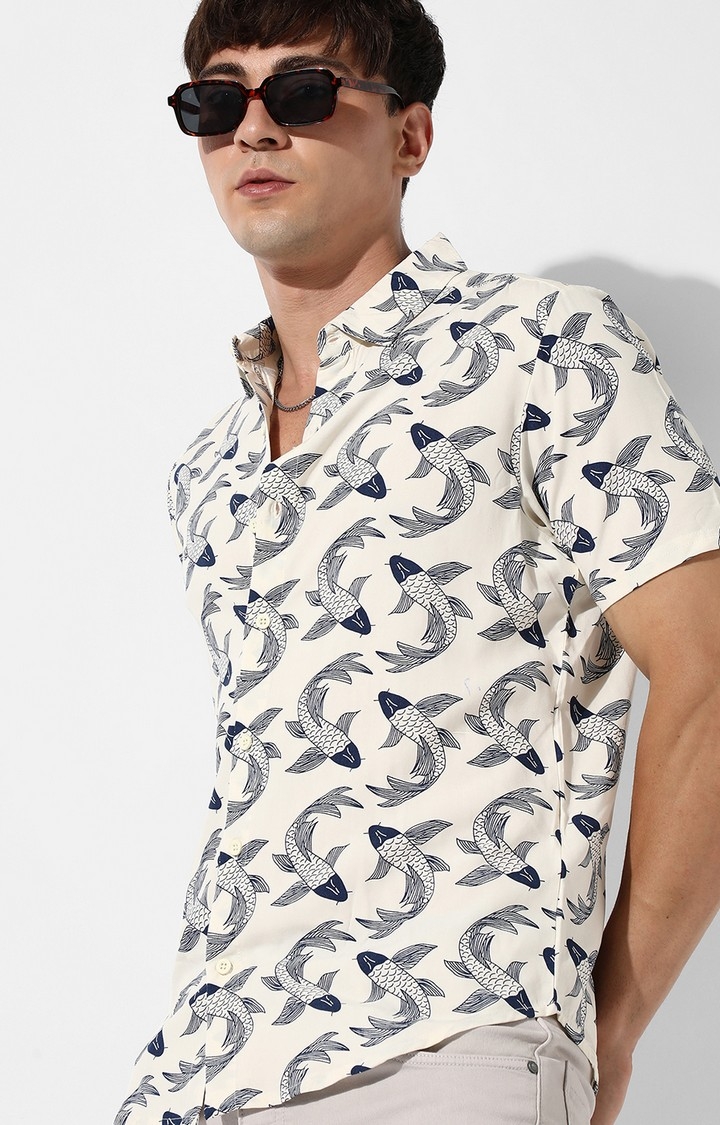 Men's Beige Rayon Printed Casual Shirts