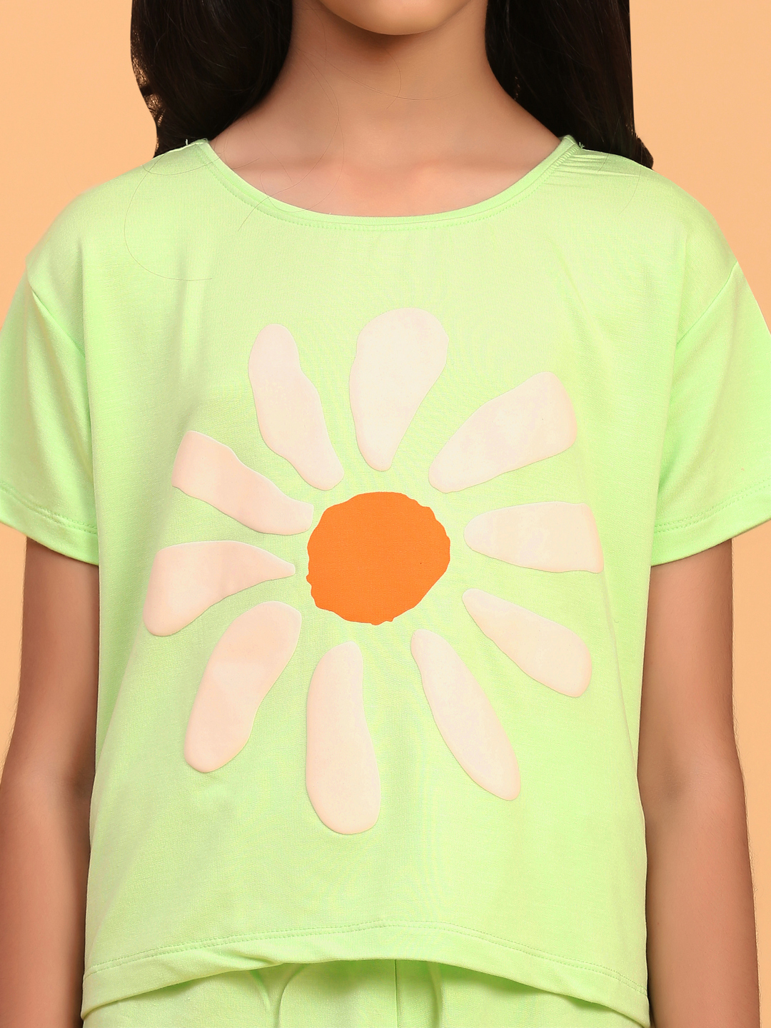 Ninos Dreams Girls Big Flower Printed coord set Top with Shorts-Light Green