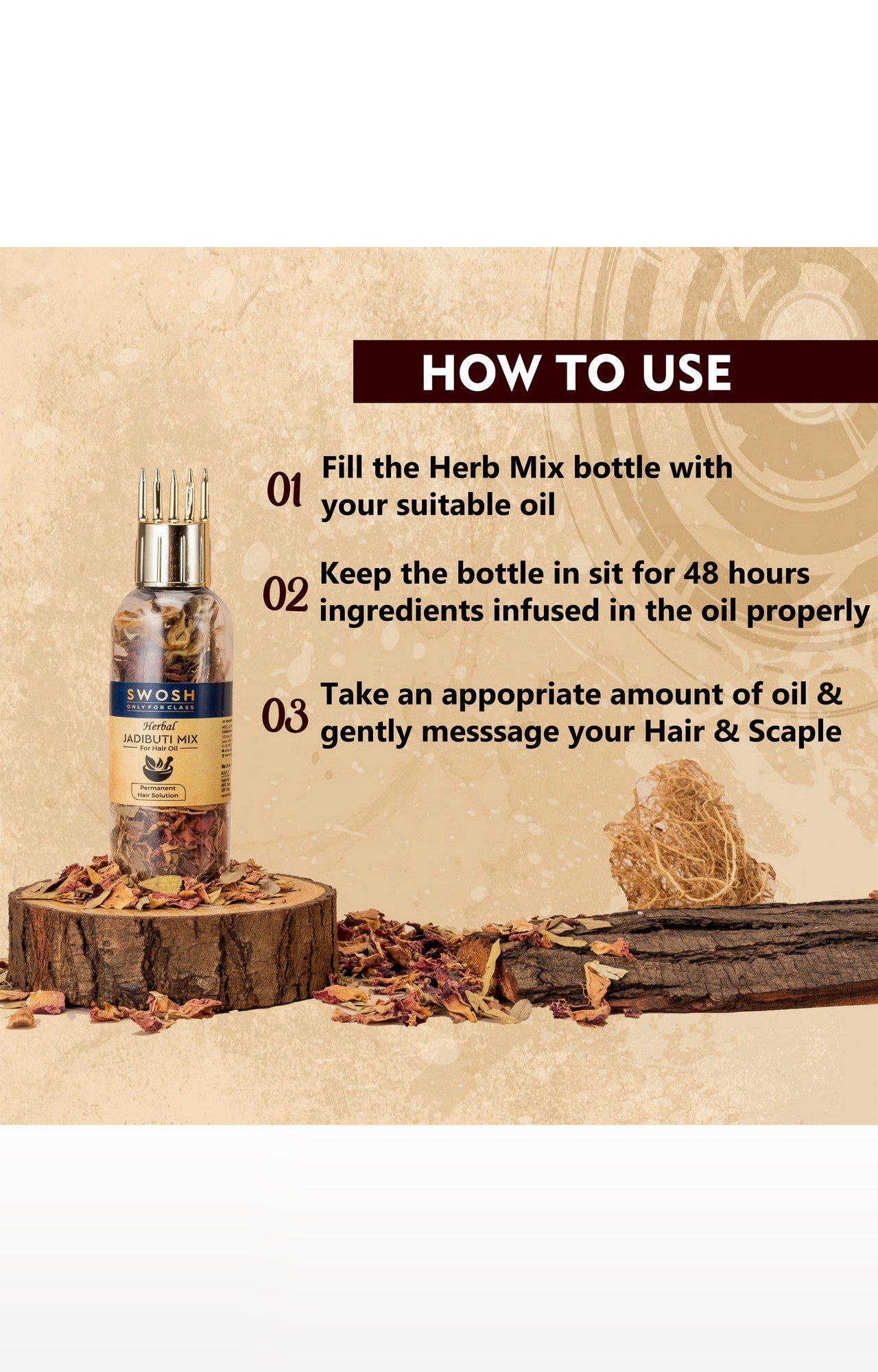 Swosh Ayurvedic Herbal Hair Oil Mix Bottle For Healthy Hair Growth Packed With Goodness Of Ayurvedic Natural Dried Herbs For Oil Infusion 10G