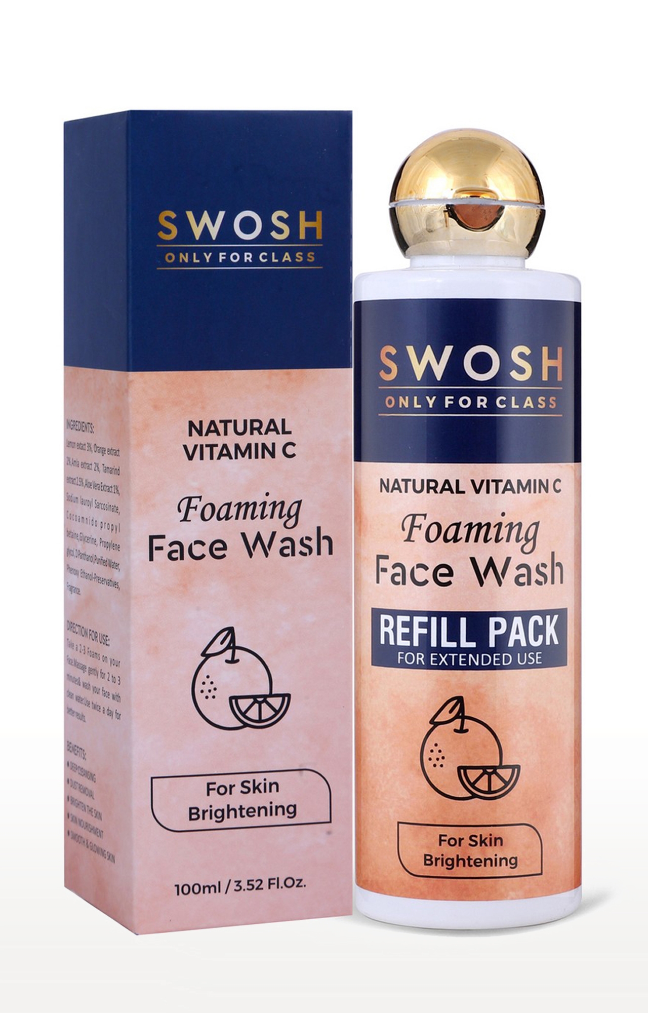 SWOSH | Swosh Natural Vitamin C Foaming Face Wash 2 In 1 Refill Pack For Pimple Prone & Oily Skin - No Parabens, Sulphate, Silicones & Colour, Pack Of 200 Ml 0