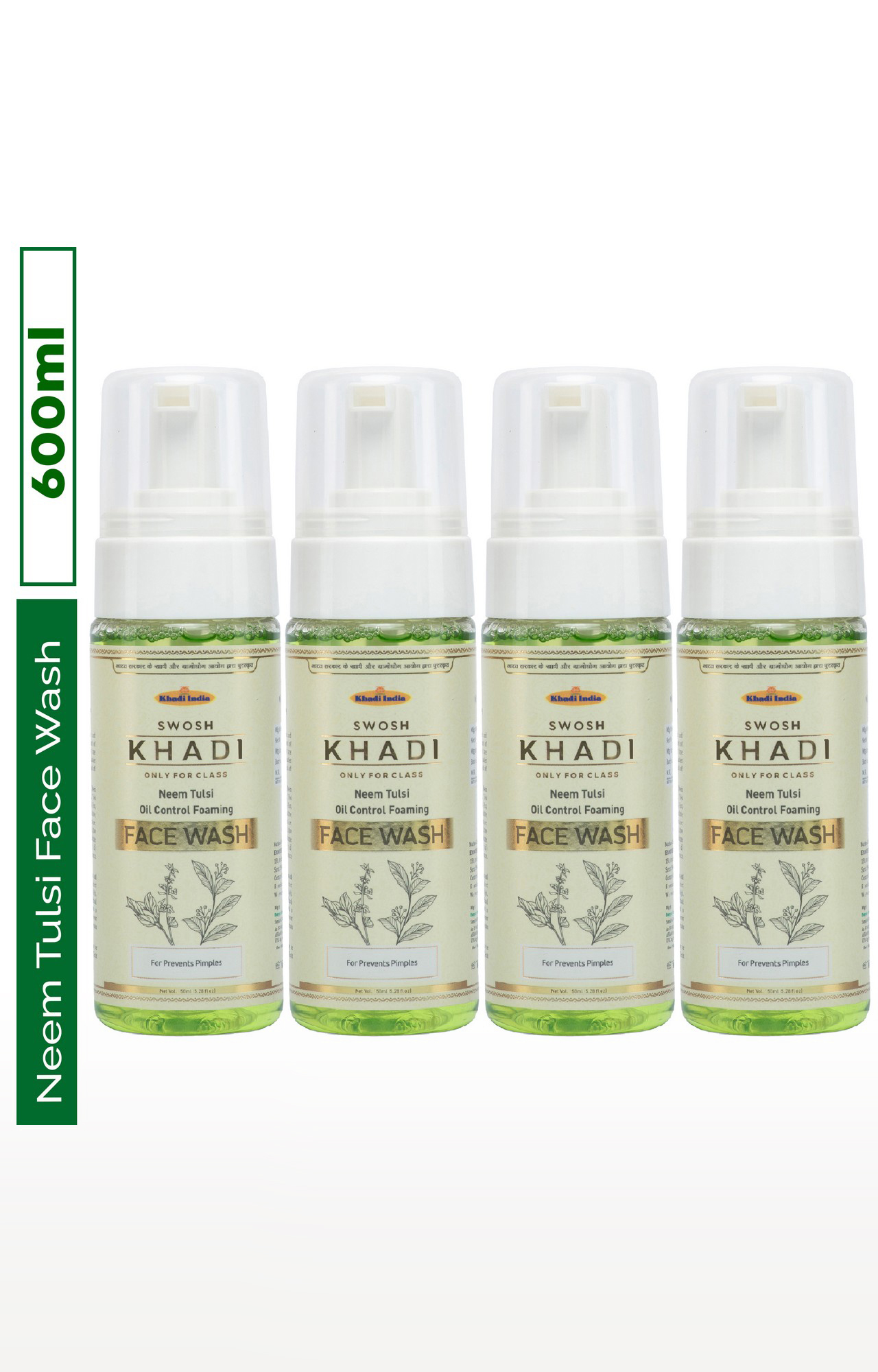 Swosh Khadi Neem, Tulsi Vitamin E Oil Control Foaming Face Wash Pack Of 4 (150 Ml) | Powerful Ingredients To Repair Skin Damage, Gentle Cleanser To Fight Acne & Spots | (600 Ml)