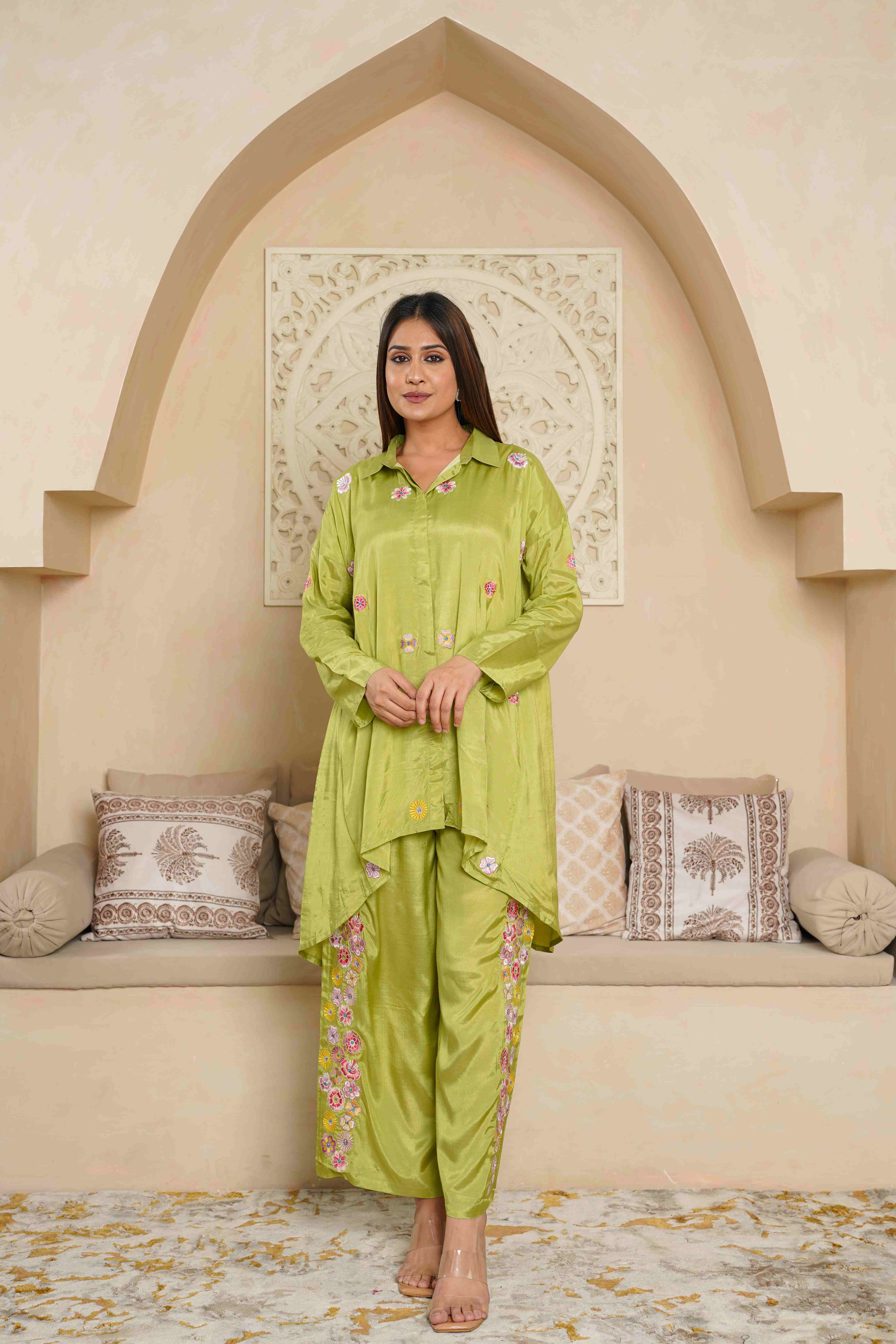 PARROT GREEN EMBROIDERED LOOSE FIT CO-ORD SET