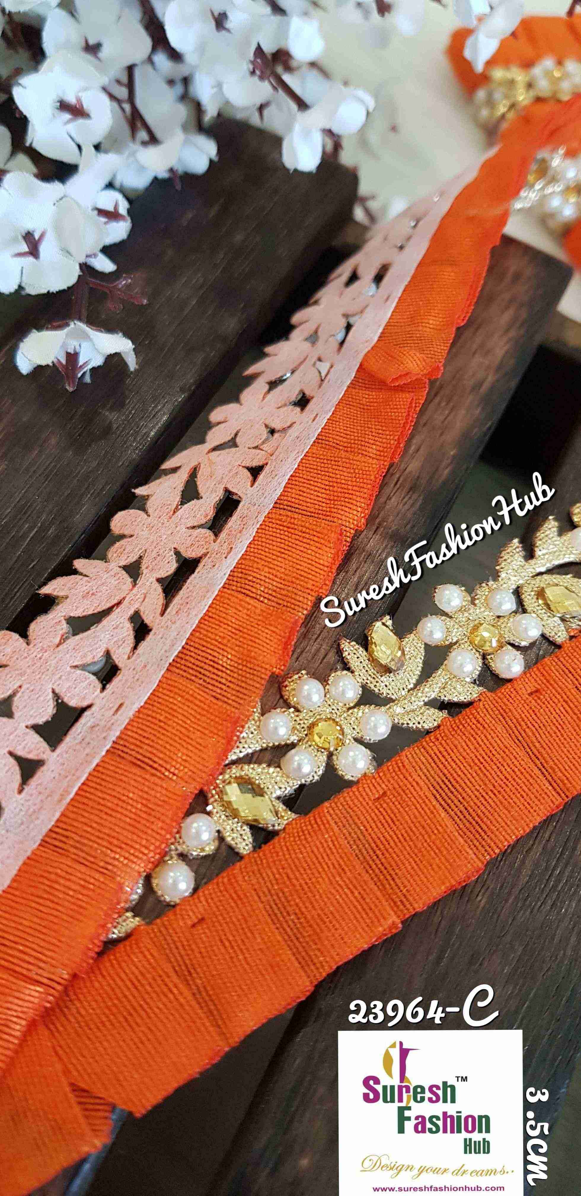 Designer Orange Flowers Embellished Trim