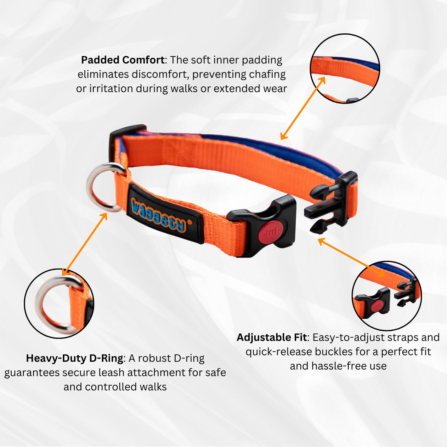 Waggety Padded Dog Collar, Orange