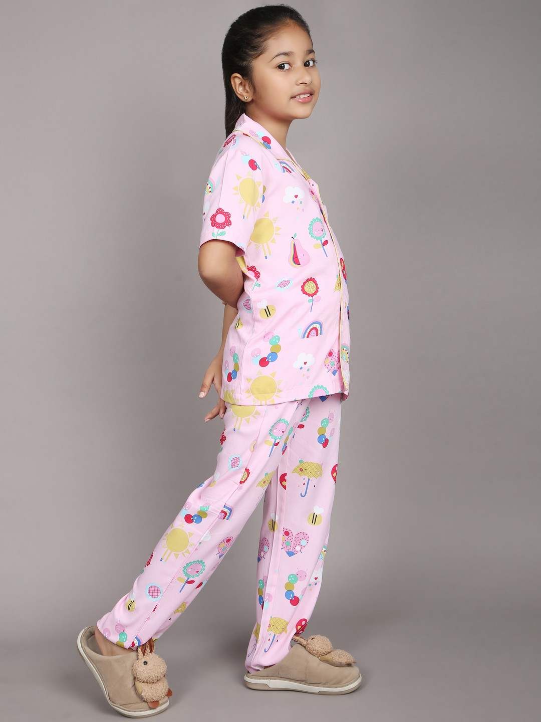 Ninos Dreams Girls Cotton Half sleeves Night Suit Pink Floral