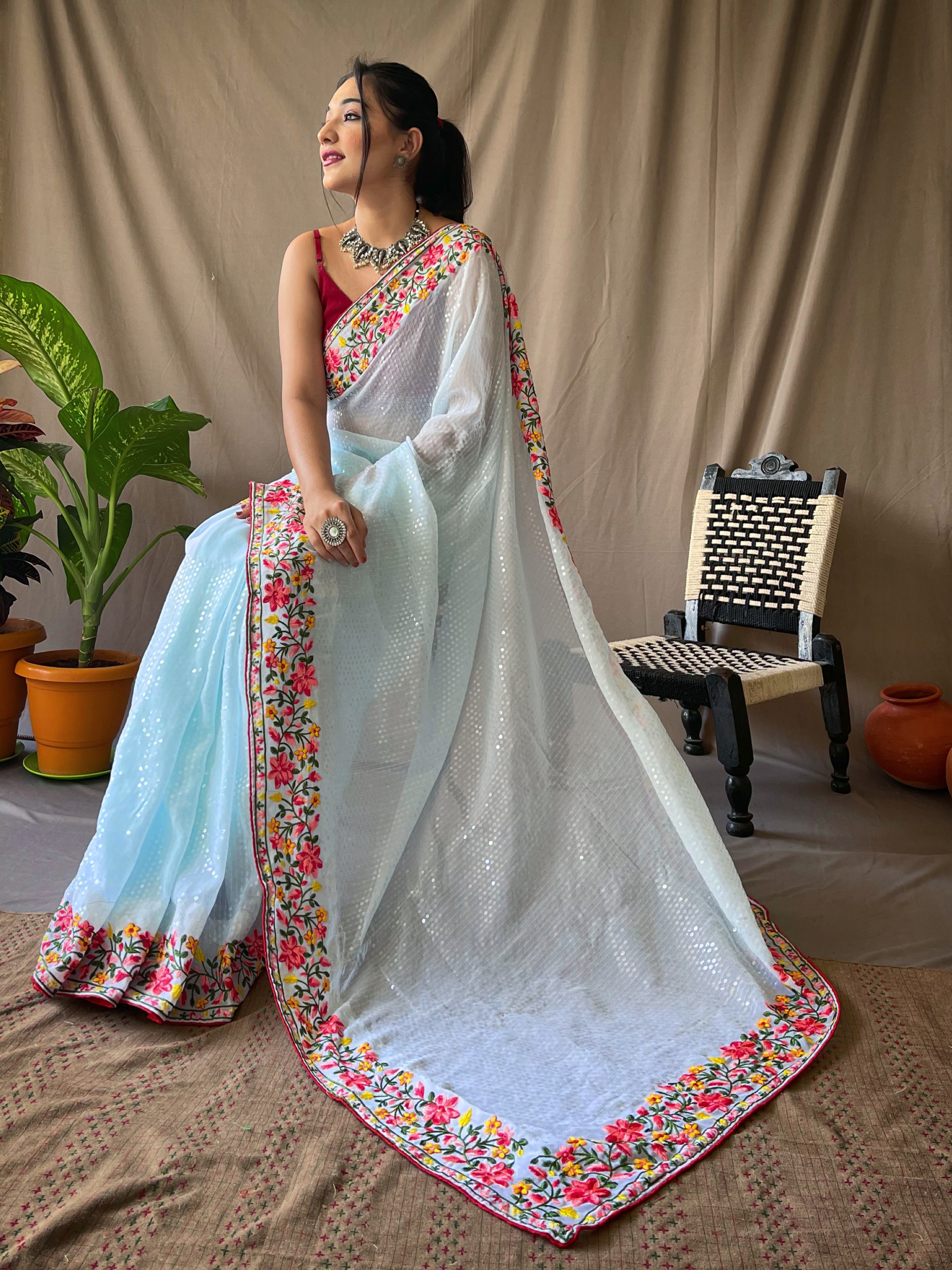 Tasarika Women georgette Sequence Embroidery border Sky Saree Sequence 1_Sky