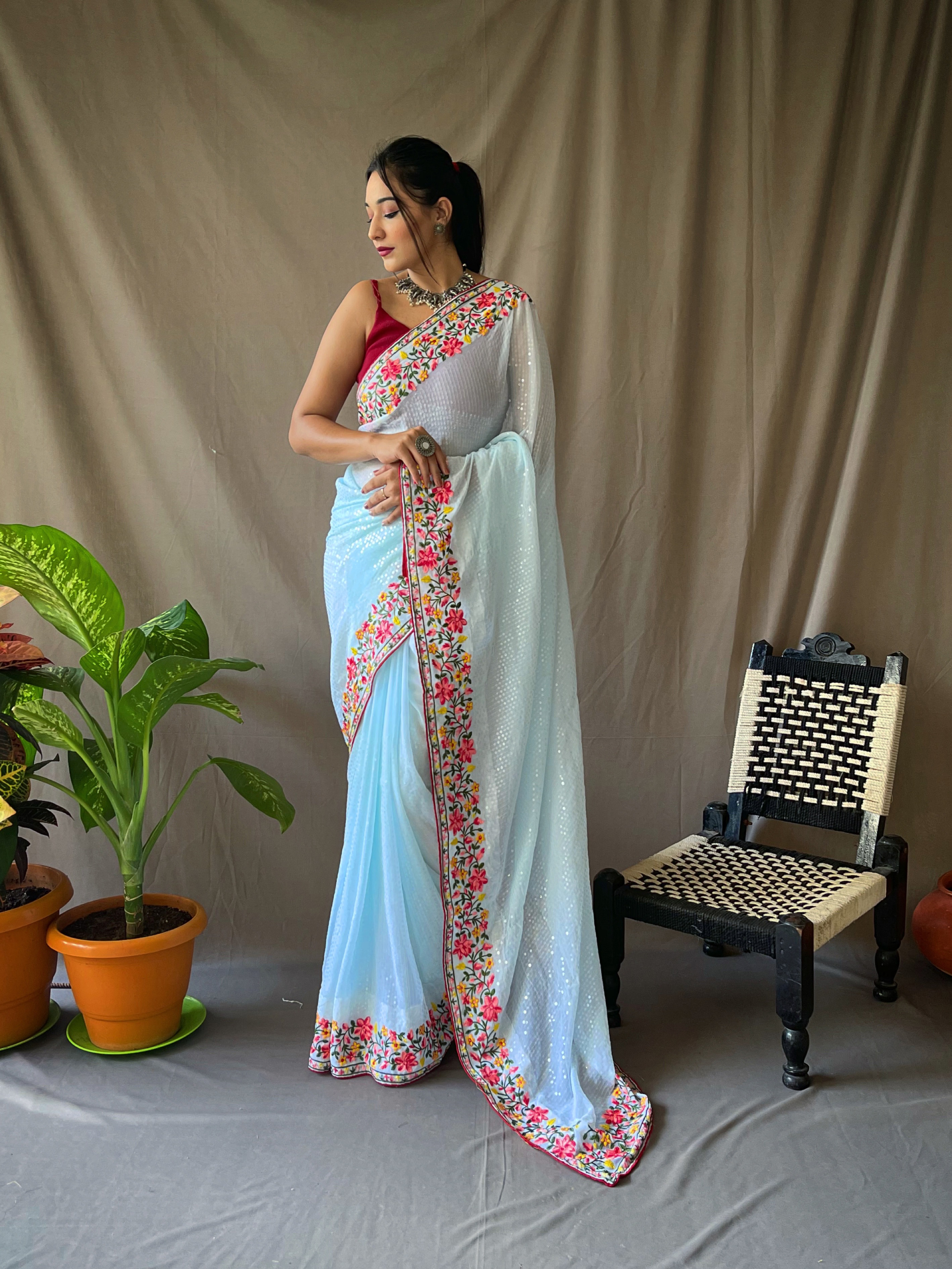 Tasarika Women georgette Sequence Embroidery border Sky Saree Sequence 1_Sky
