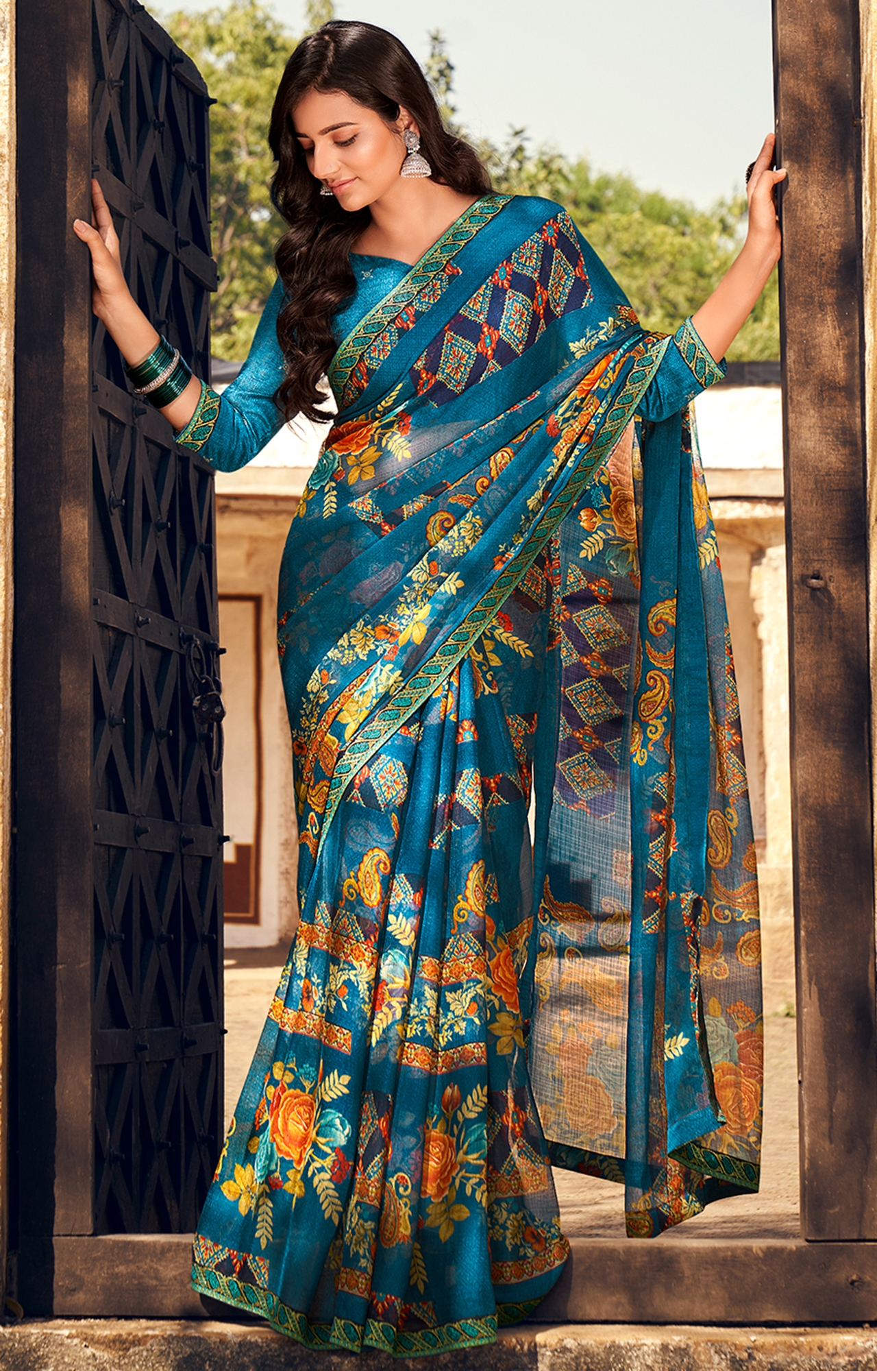 Blue and Sky Blue Handloom Jaipuri Pure Cotton Print Saree – BharatSthali