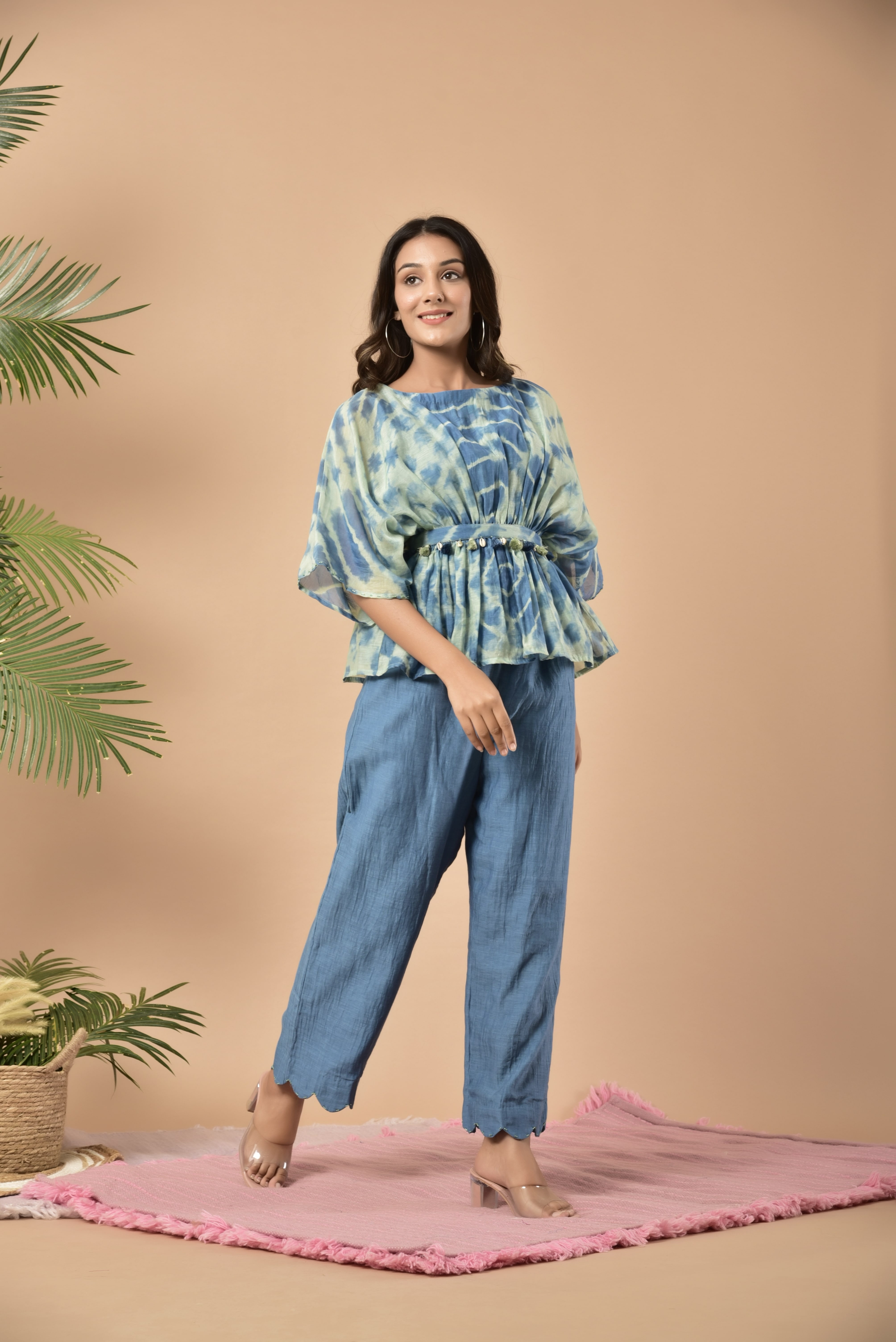 KAARAH BY KAAVYA | Blue shibori kaftan top paired with pants undefined