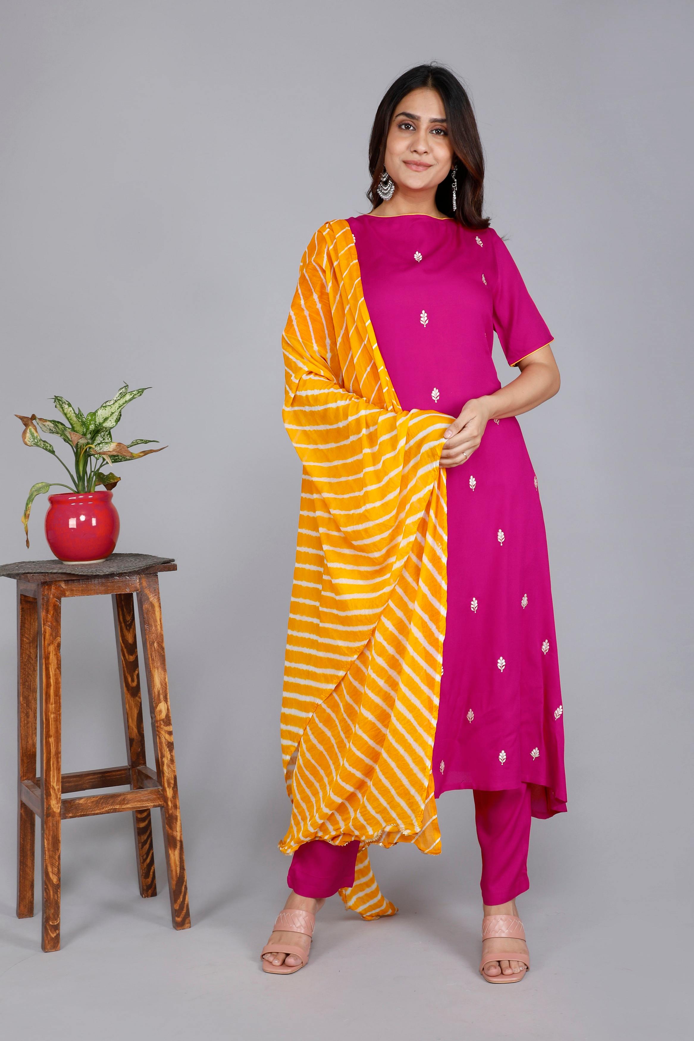 Embroidery Kurta set with leheriya dupatta