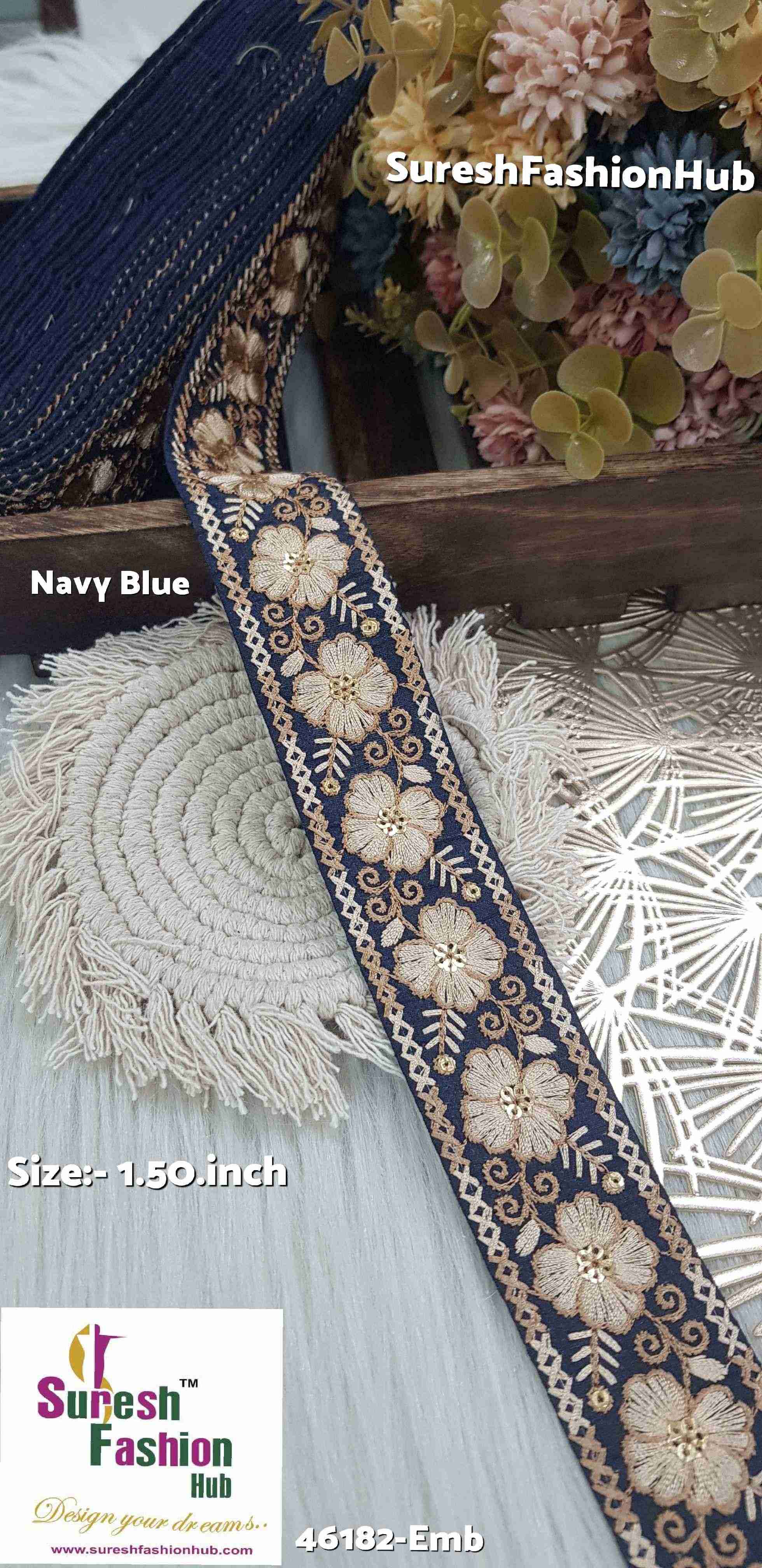 Jute-Colored Thread Navy-Blue Embroidered Lace Fabric