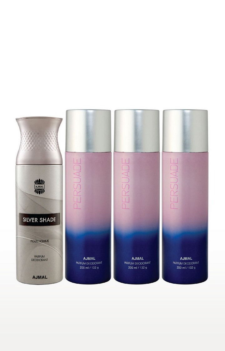 Ajmal 1 Silver Shade for Men and 3 Persuade for Men & Women High Quality Deodorants each 200ML Combo pack of 4 (Total 800ML) 