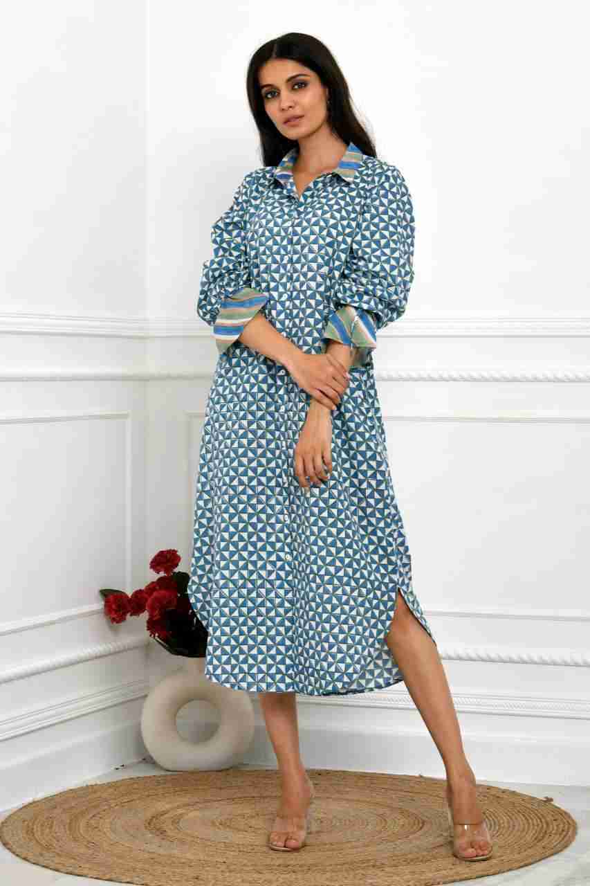 Naksh Blue Geometric Print Long Shirt-Kurta With Pockets