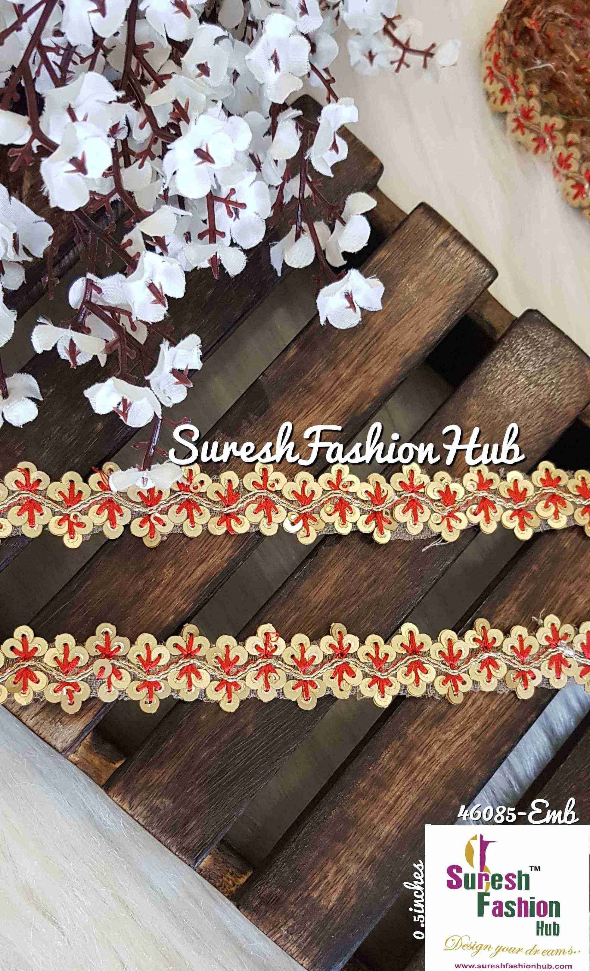 Sequence Red Thread Embroidered Leaves Designer Trim