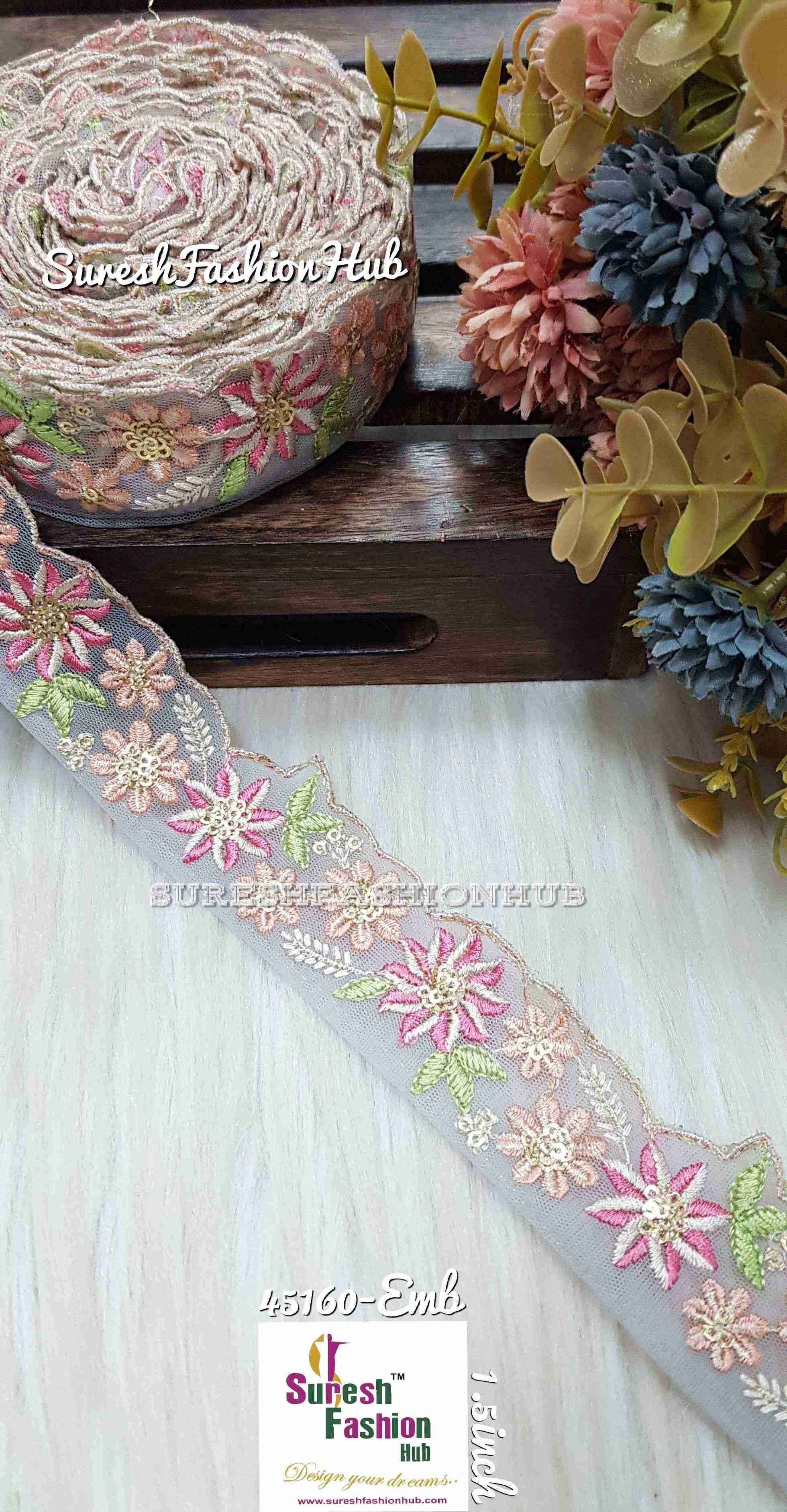 Grey Vibrant Net Symphony Lace - One Side Embroidery