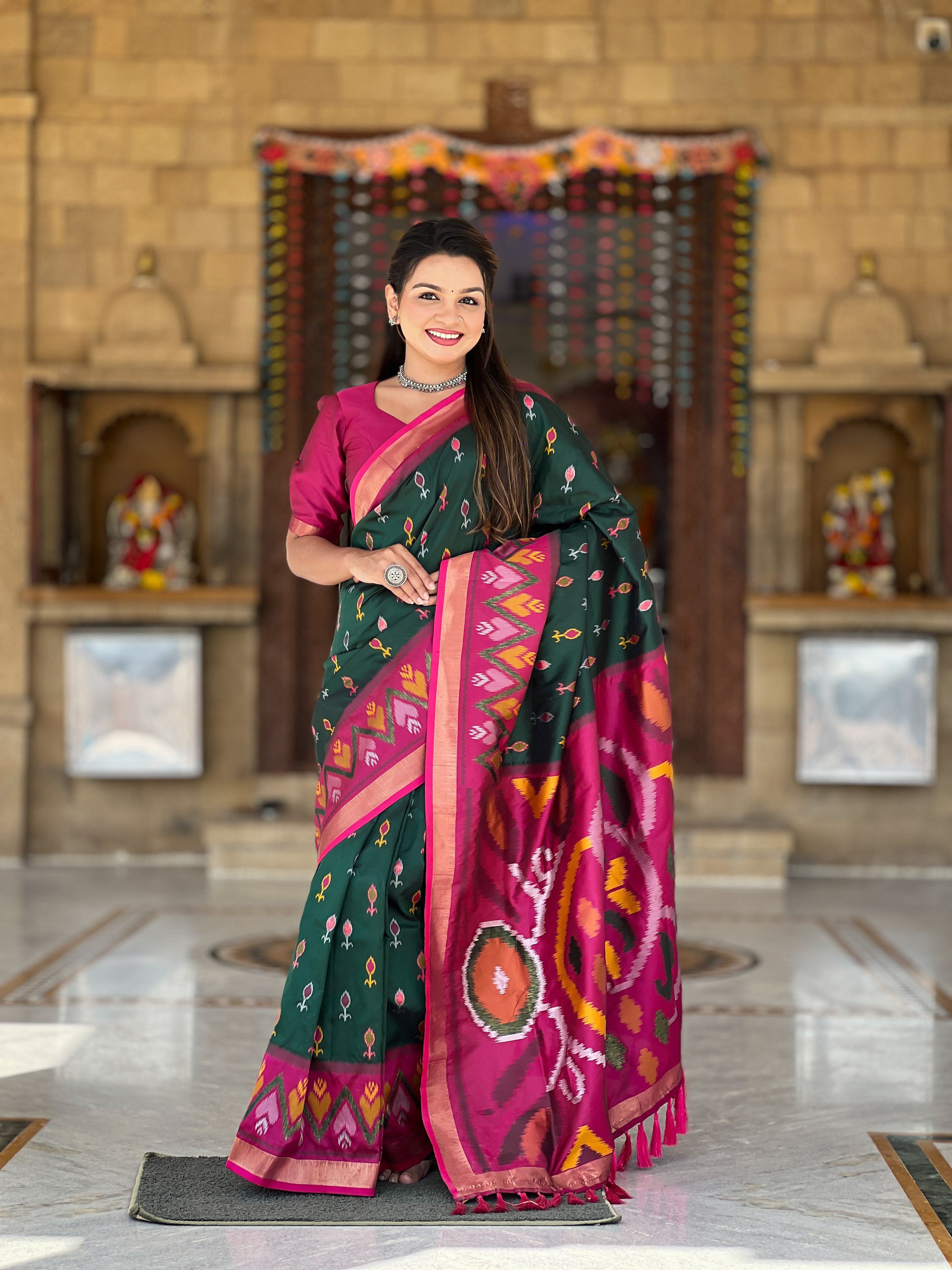Tasarika Women Dark Green Weaving Silk Saree With Ikkat And Patola Sarees Srivali