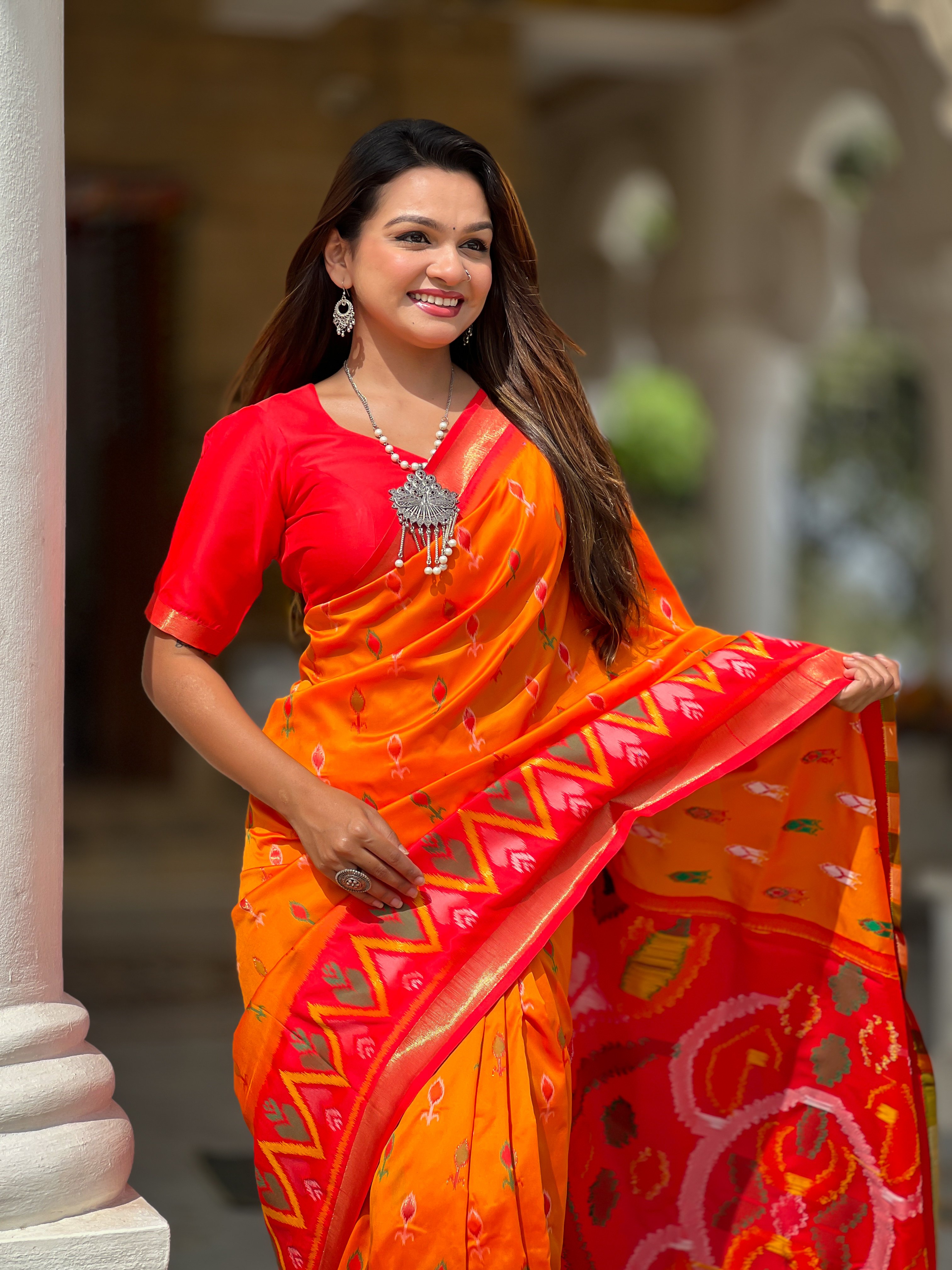 Tasarika Women Orange Weaving Silk Saree With Ikkat And Patola Sarees Srivali