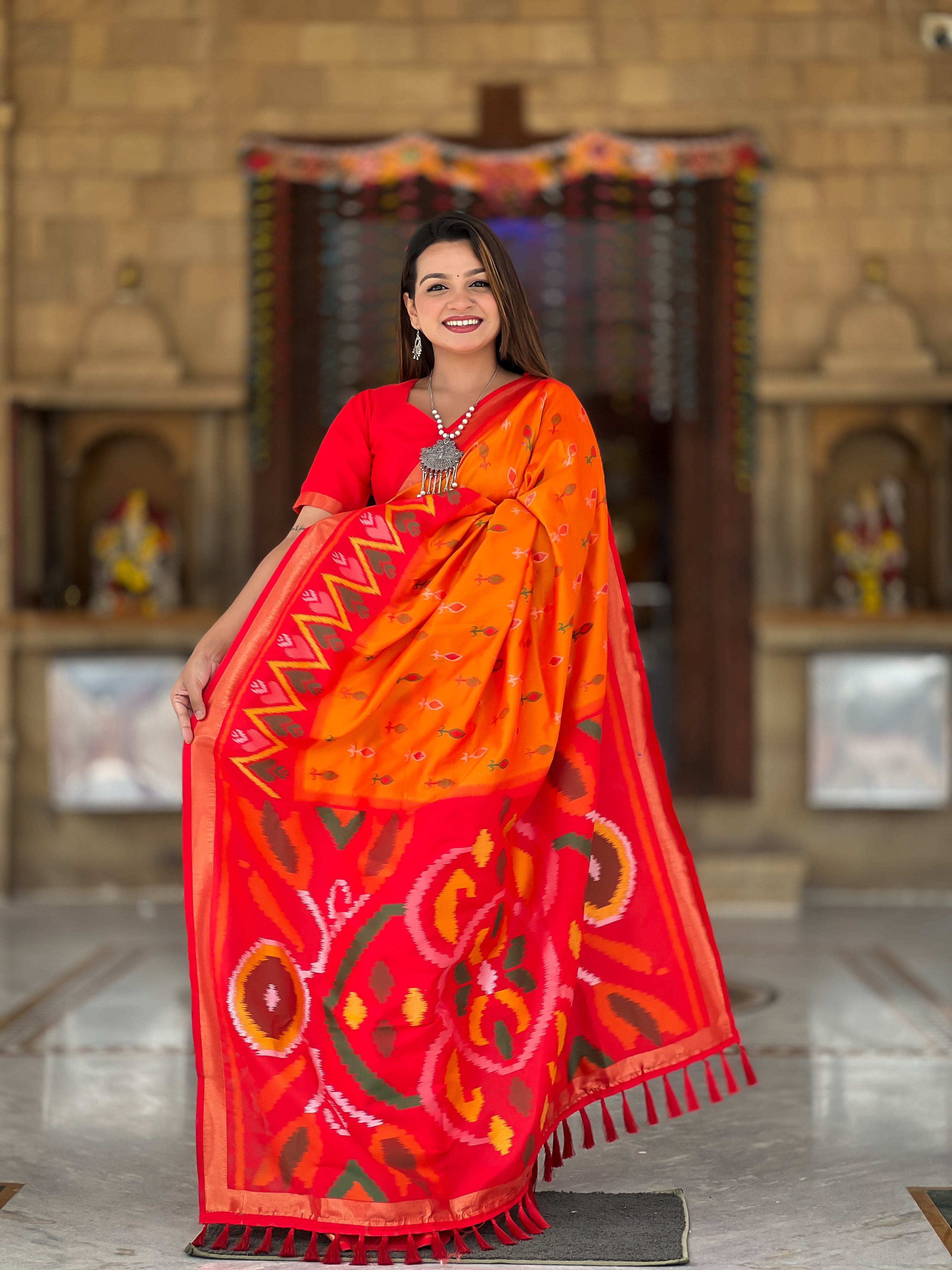 Tasarika Women Orange Weaving Silk Saree With Ikkat And Patola Sarees Srivali