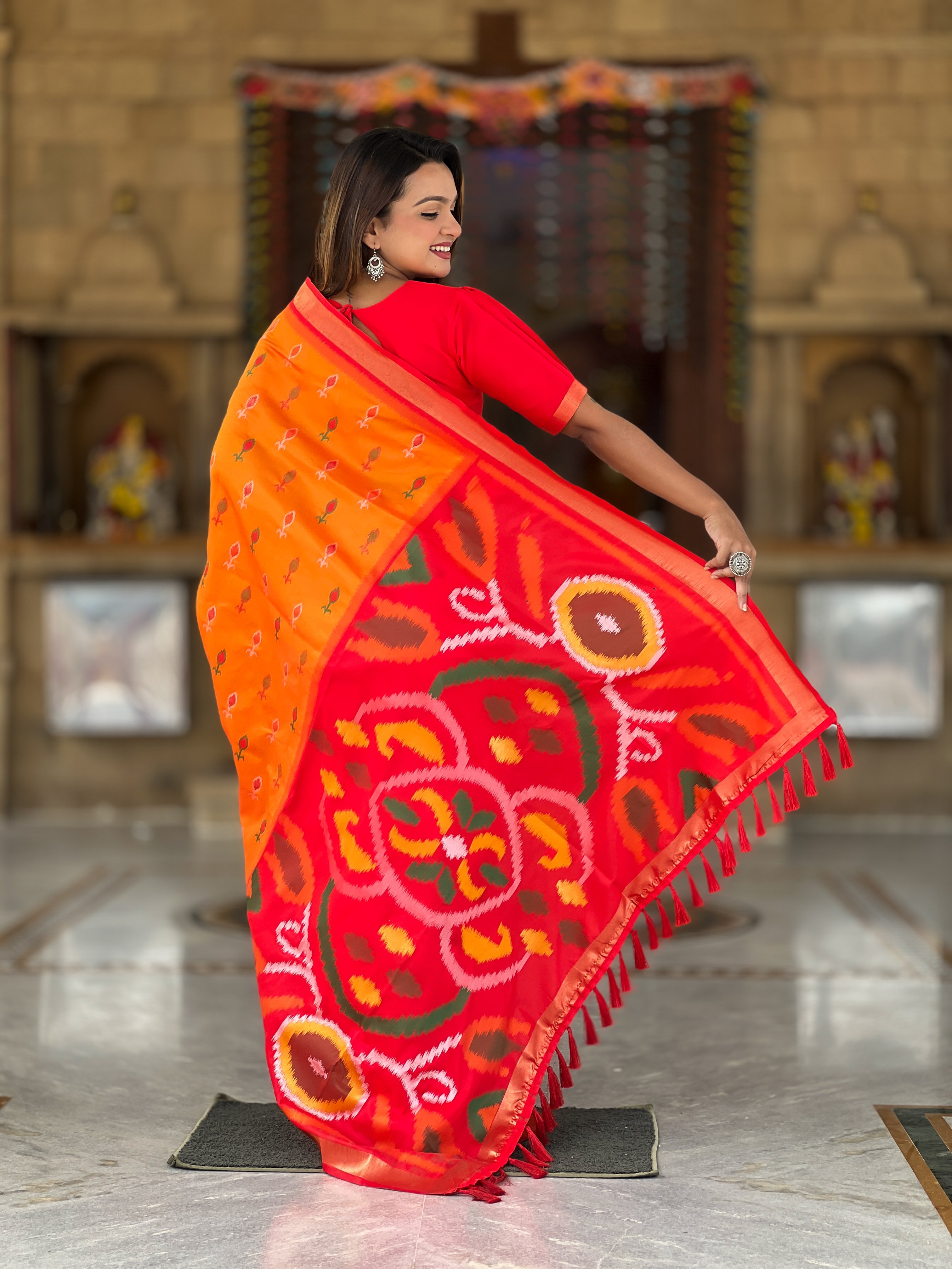 Tasarika Women Orange Weaving Silk Saree With Ikkat And Patola Sarees Srivali