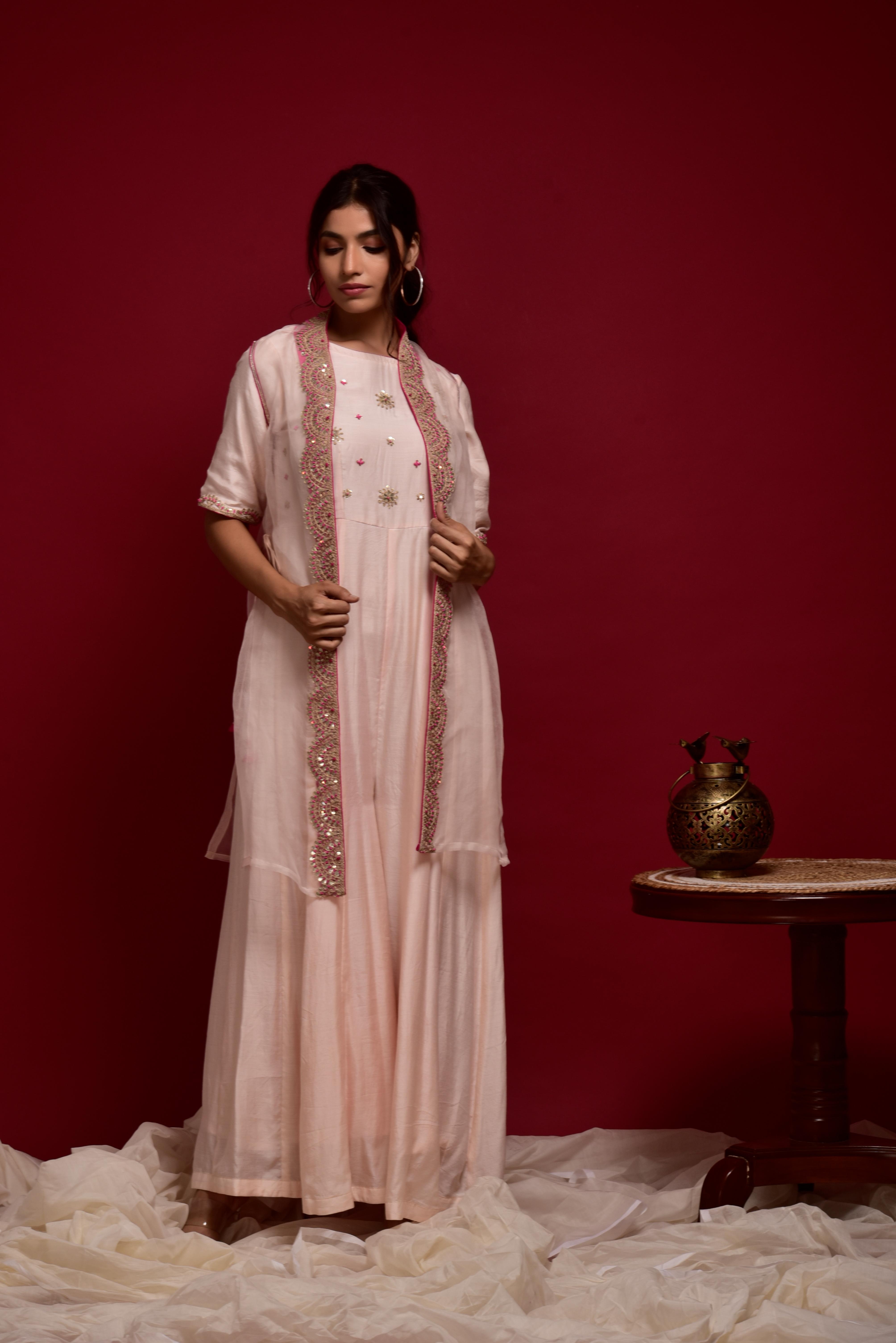 KAARAH BY KAAVYA | Baby pink muslin jumpsuit with highlighted orgenza jacket undefined