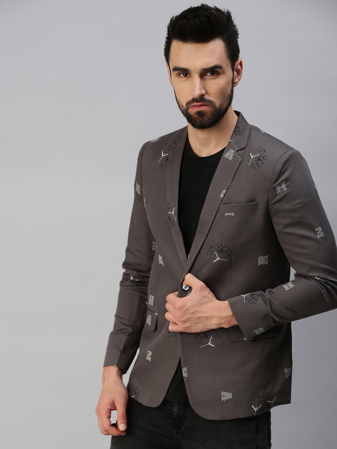 SHOWOFF Men's Notched Lapel Single-Breasted Grey Printed Blazer