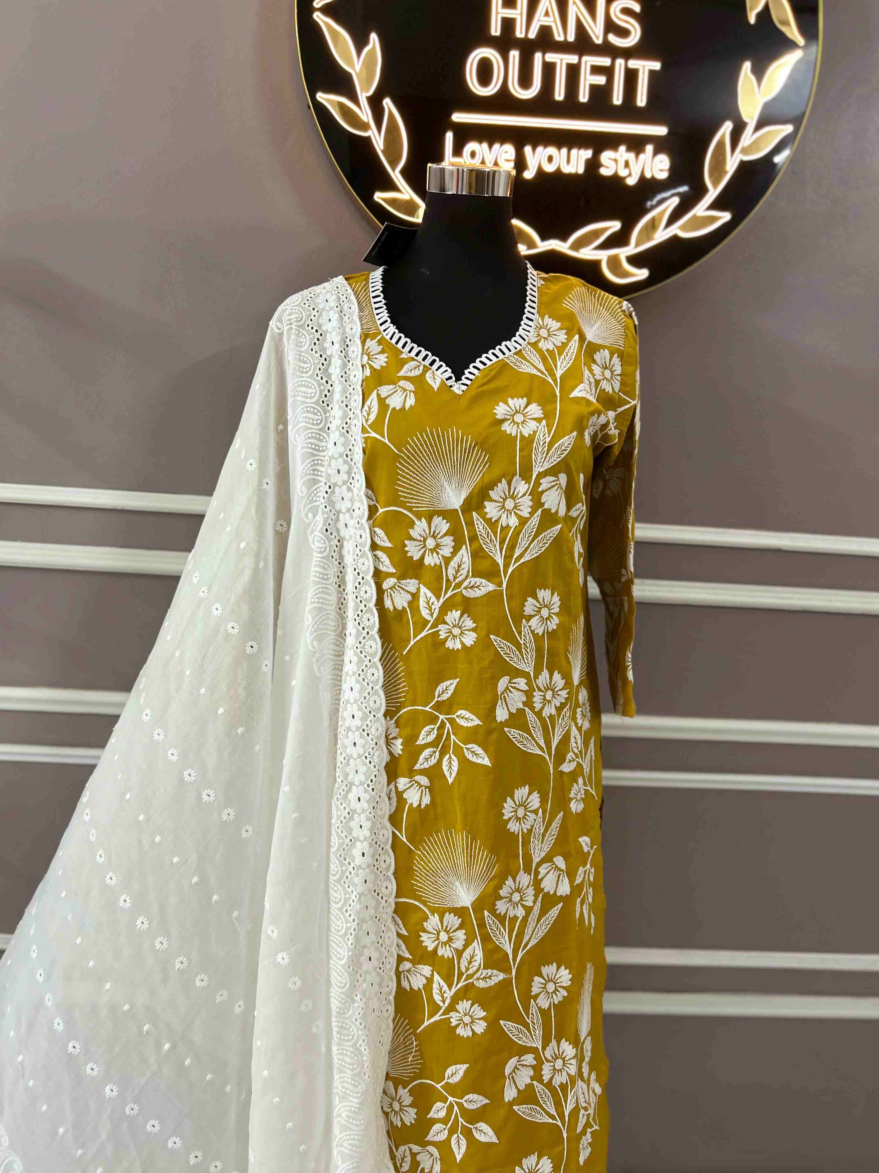 Mustard yellow tread embroidered kurta sets with white cotton chickenkari dupatta