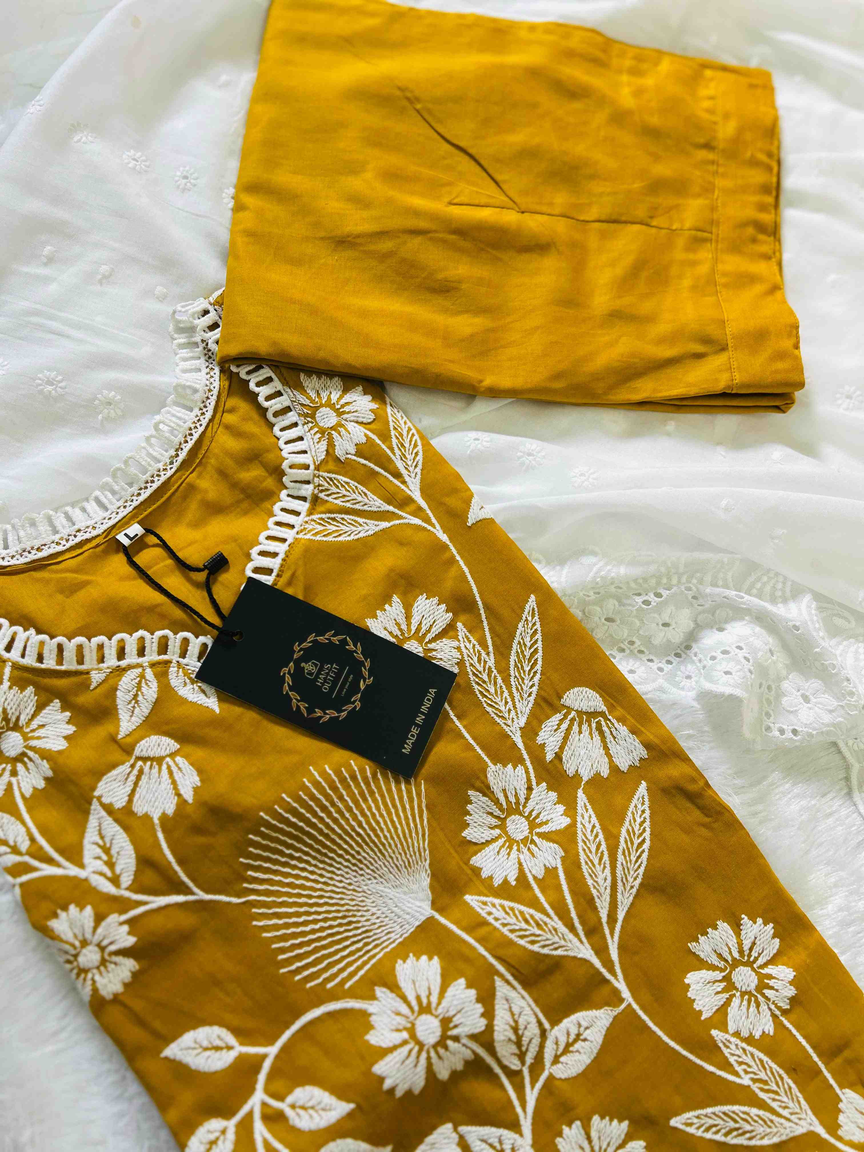 Mustard yellow tread embroidered kurta sets with white cotton chickenkari dupatta