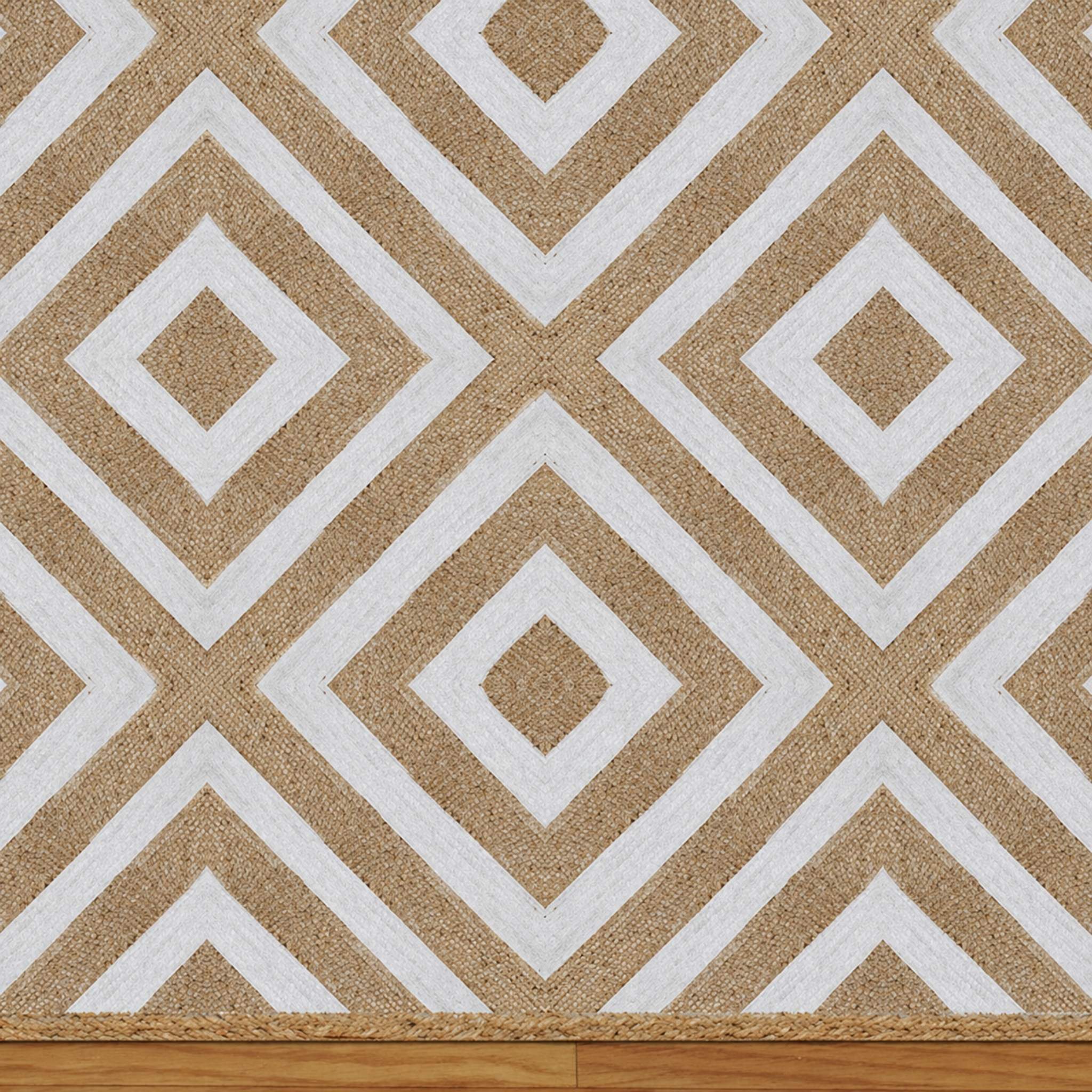 Handwoven White & Natural Jute Diamond Pattern Area Rug in White & Natural | Geometric Eco-Friendly Braided Jute Carpet for Living Room, Bedroom & Dining Room