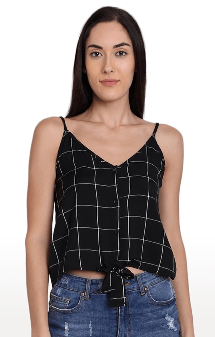 CHIMPAAANZEE | Women's Black Viscose Checked Strappy Top