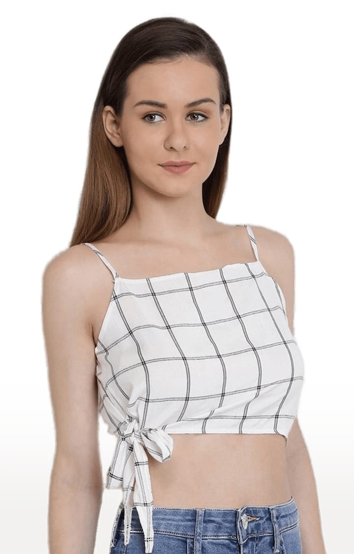 Women's White Viscose Checked Strappy Top