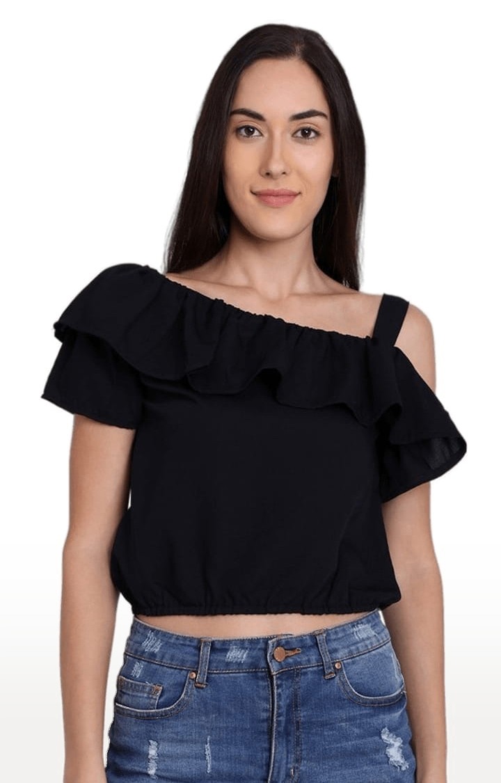 Women's Black Polyester Solid Crop Top