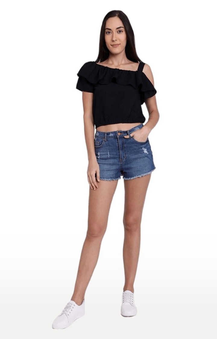 Women's Black Polyester Solid Crop Top