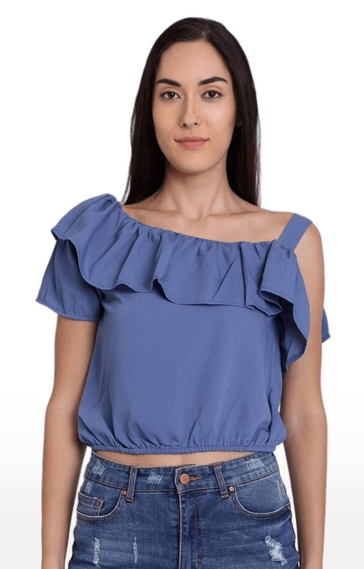 CHIMPAAANZEE | Women's Blue Polyester Solid Crop Top