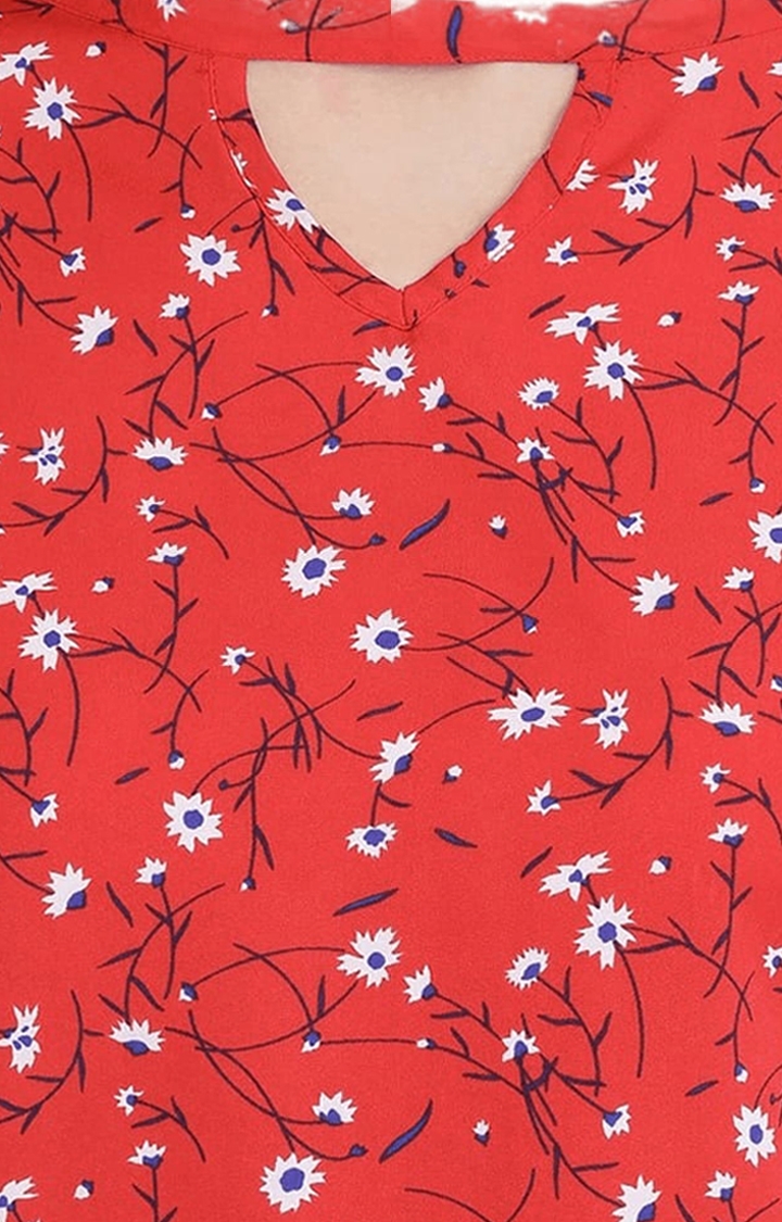 Women's Red Crepe Floral Blouson Top