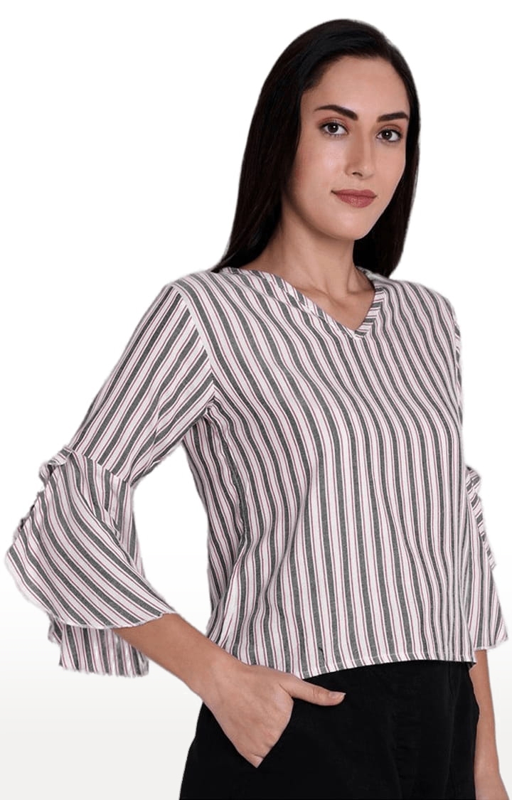 Women's White and Grey Viscose Striped Blouson Top