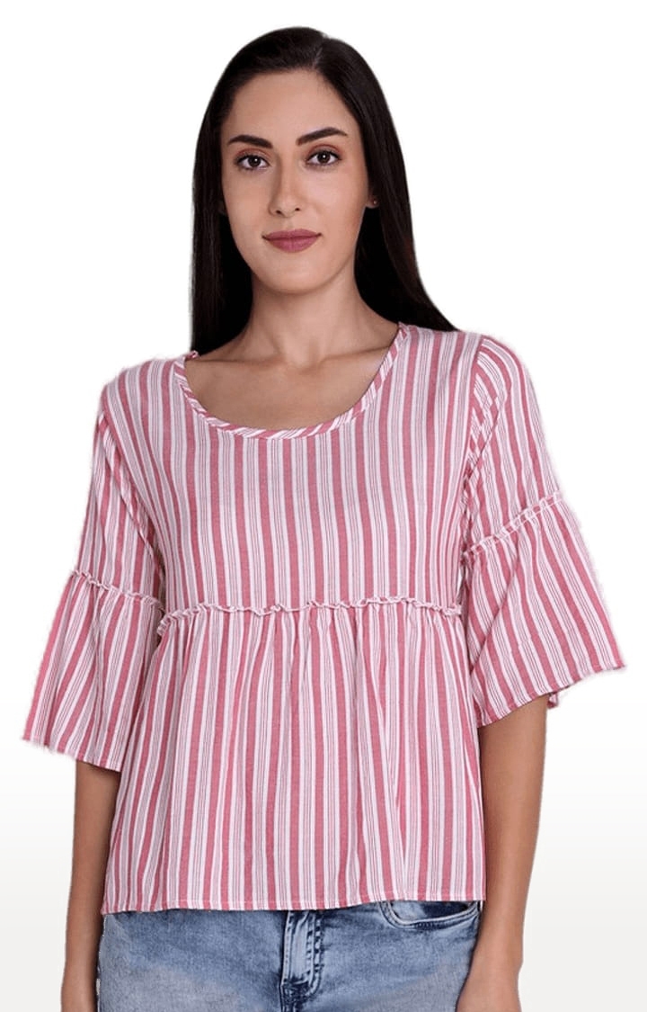 CHIMPAAANZEE | Women's Pink Viscose Striped Peplum Top