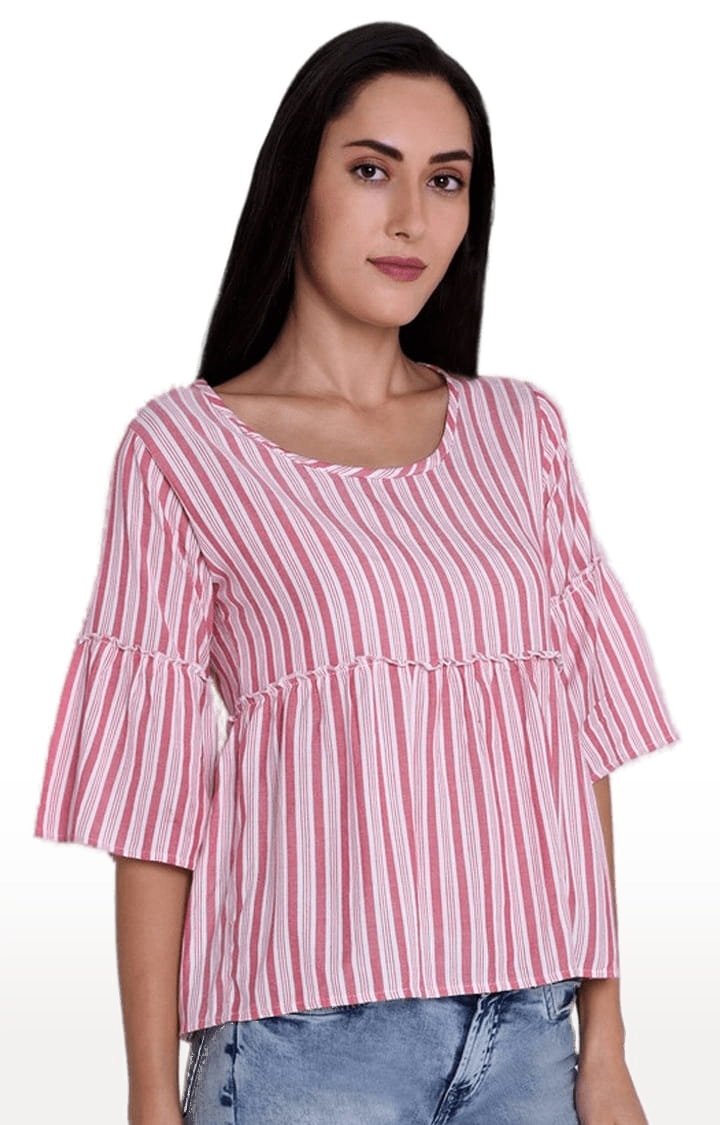 Women's Pink Viscose Striped Peplum Top