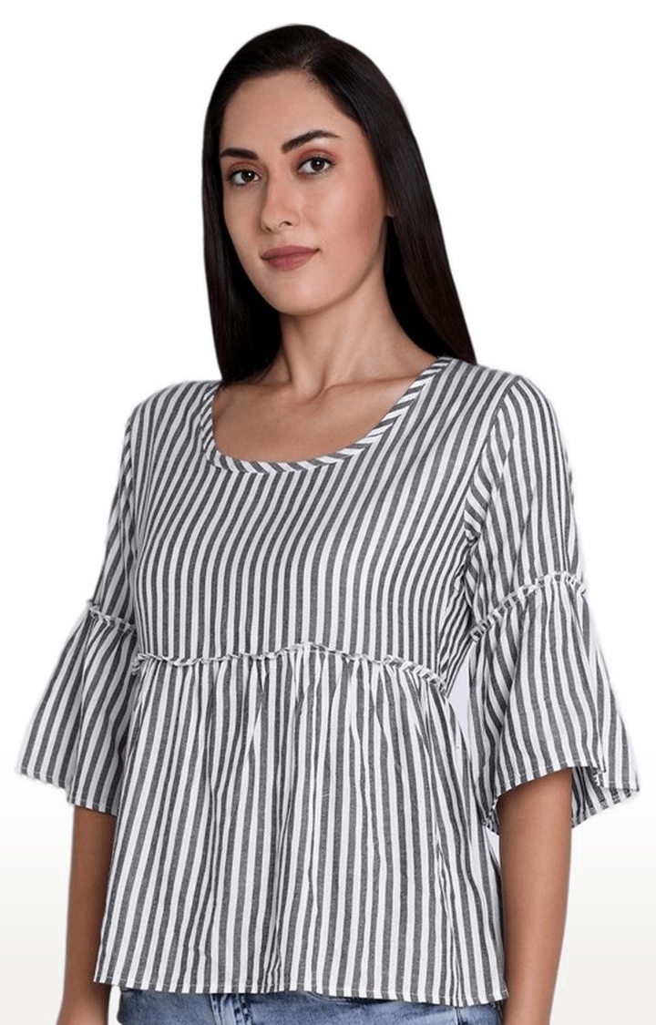 Women's Grey and White Viscose Striped Peplum Top