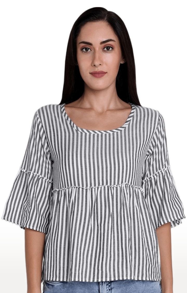 Women's Grey and White Viscose Striped Peplum Top