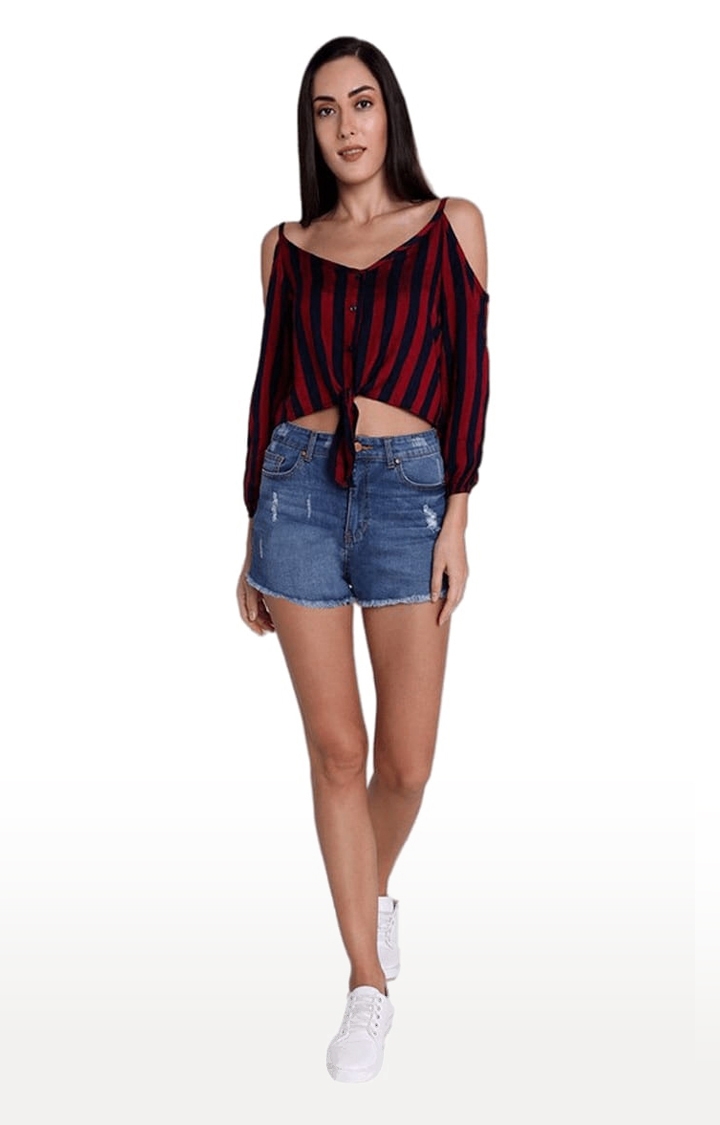 Women's Maroon and Navy Viscose Striped Strappy Top