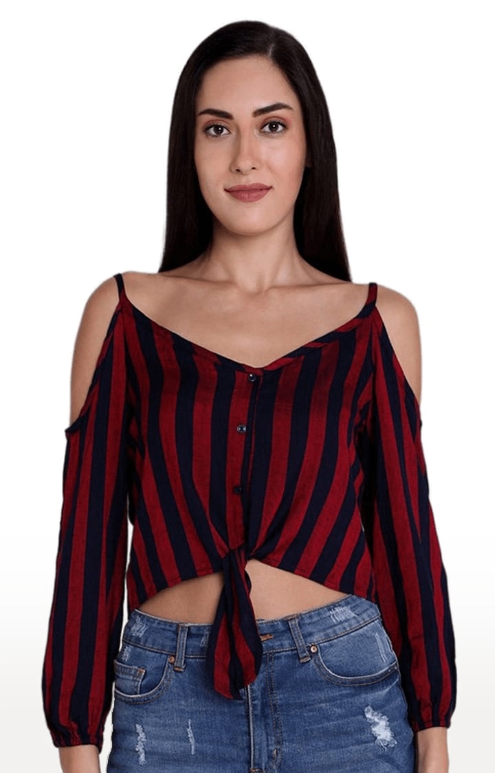 Women's Maroon and Navy Viscose Striped Strappy Top