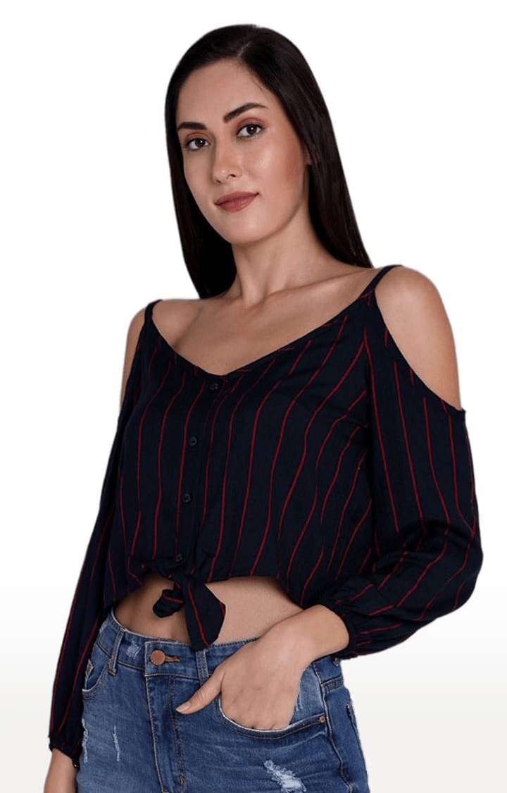 Women's Navy Viscose Striped Strappy Top