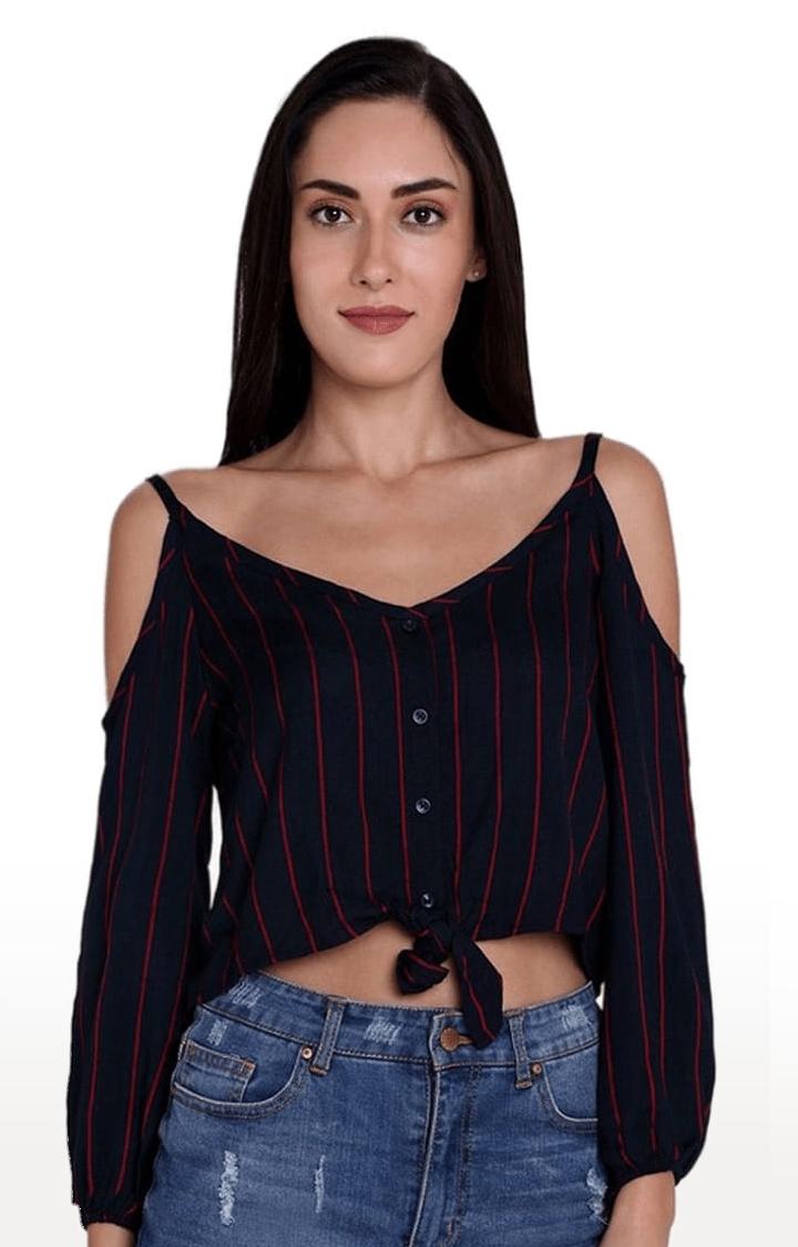 Women's Navy Viscose Striped Strappy Top