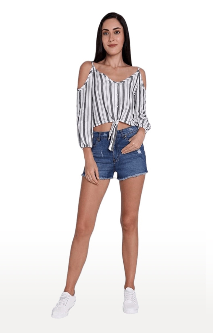 Women's White and Grey Viscose Striped Strappy Top